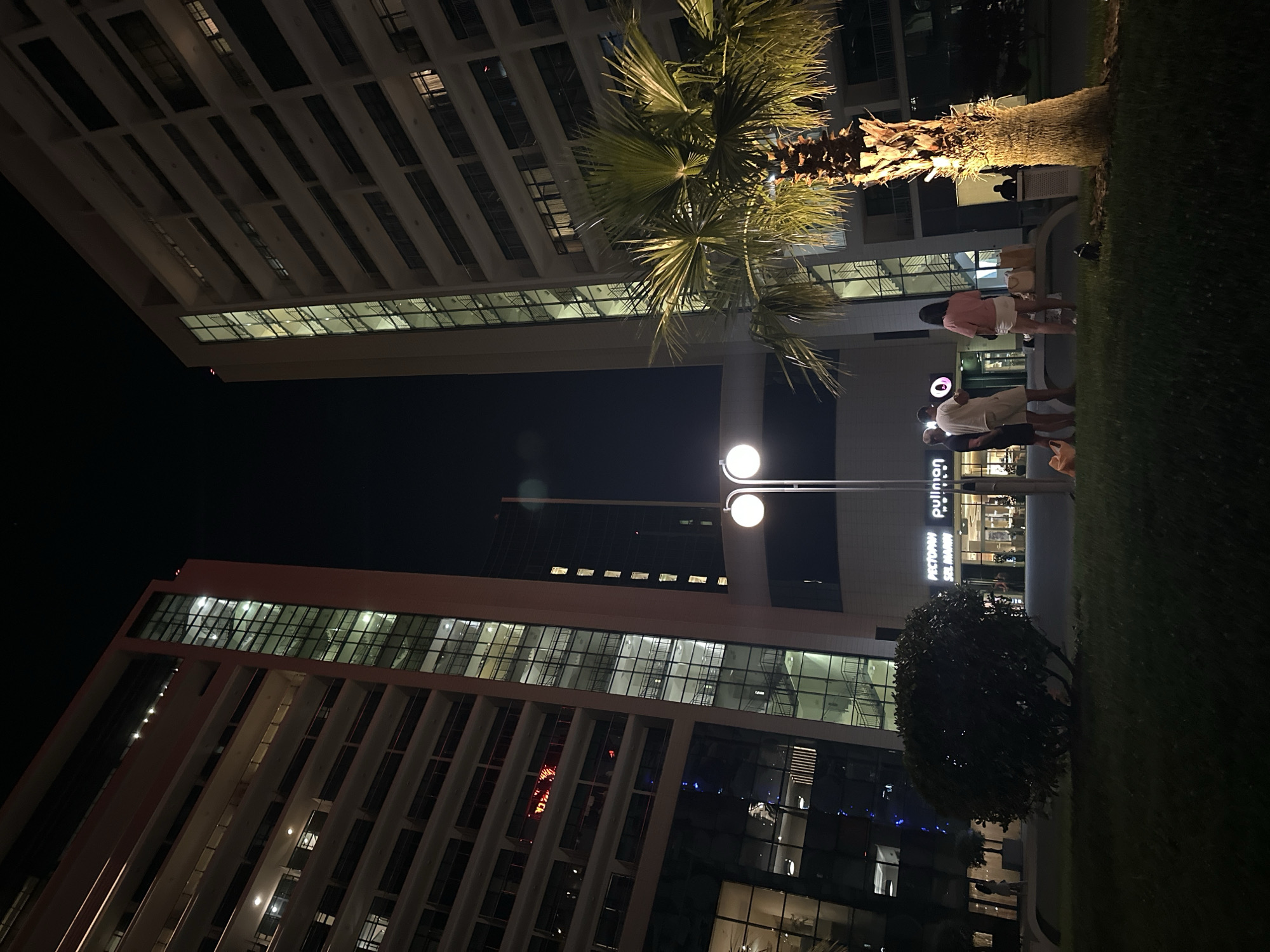 At night, the scene depicts the facade of the Pullman Sochi Centre hotel in Sochi, Russia. The hotel is a modern, multi-story building with numerous windows and balconies. The exterior is illuminated by external lighting, casting a warm glow on the structure. In the foreground, several people are standing on a paved area, some of them conversing. A palm tree is visible to the right of the hotel, its fronds illuminated by a spotlight. The overall atmosphere is one of a pleasant evening in a city setting.
