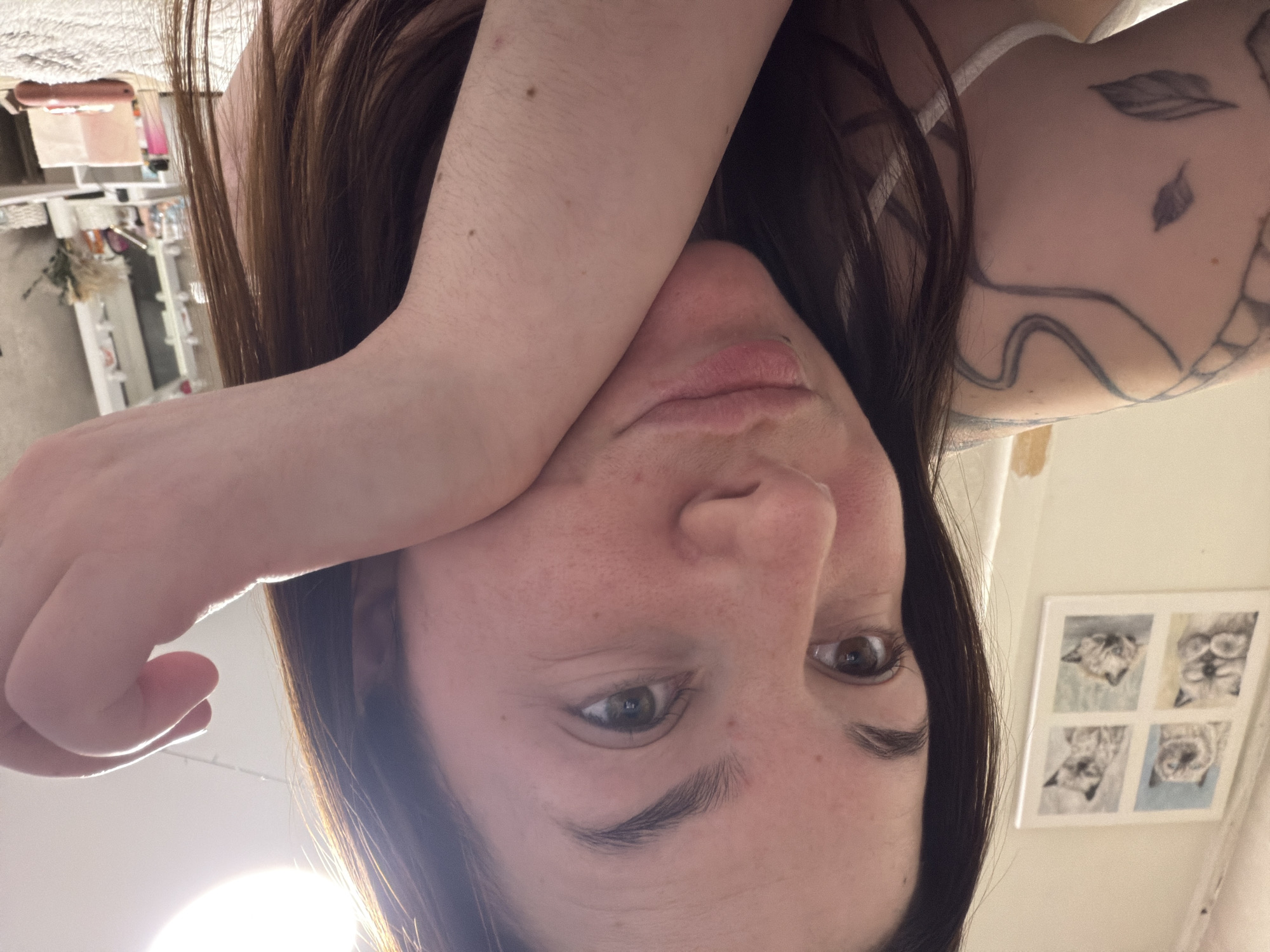 The image is an inverted, close-up portrait of a person, likely female, whose head occupies the lower portion of the frame. Her dark brown hair falls downwards, partially obscuring her right side. Her left arm is bent, with the forearm resting across her forehead and extending towards the upper left of the frame. Freckles are visible on her fair skin, particularly on her face and arm, where fine hair is also noticeable. Her lips are slightly parted, and her eyes, which are open and brown, look directly towards the viewer with a neutral or pensive expression. A light-colored strap, possibly from a tank top or bra, is visible on her left shoulder. Tattoos, featuring swirling lines and leaf motifs, are visible on her left arm and shoulder area.
The background is an indoor setting, likely a home in Chaikovsky, Russia. To the upper left of the frame (behind her left shoulder and arm), a cluttered area with shelves, various items, and a small plant is visible. A light-colored, possibly textured or fluffy, object is in the far upper left. To the upper right (behind her right shoulder), a plain, light-colored wall is visible, featuring a framed artwork. This piece consists of four square panels, each depicting a stylized dog's head or face, with alternating light blue and lighter backgrounds. A prominent, bright light source is situated in the lower left corner of the frame, casting a strong glow and highlighting parts of her hair. There is no visible text in the image.