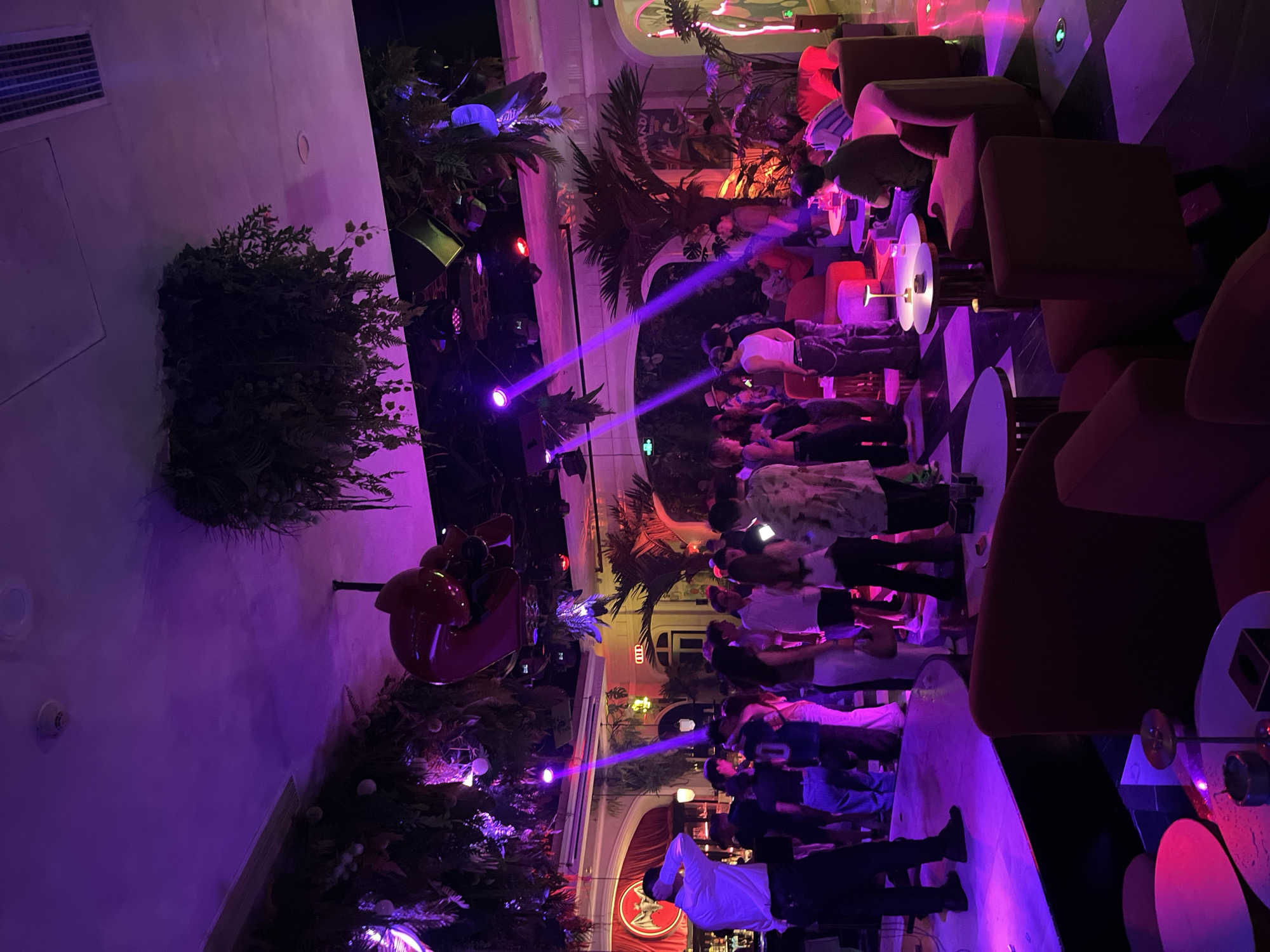 A dimly lit nightclub in Chaoyang District, China, is filled with a crowd of people. Purple lights illuminate the scene, casting shadows and highlighting the lush, tropical-themed decor, which includes hanging plants and palm trees. Some individuals are standing, socializing, while others are seated at tables or on plush red seating. The atmosphere appears lively, with a DJ booth and a stage visible in the background. A large red, cartoonish sculpture hangs from the ceiling. The floor is a black and white checkered pattern.