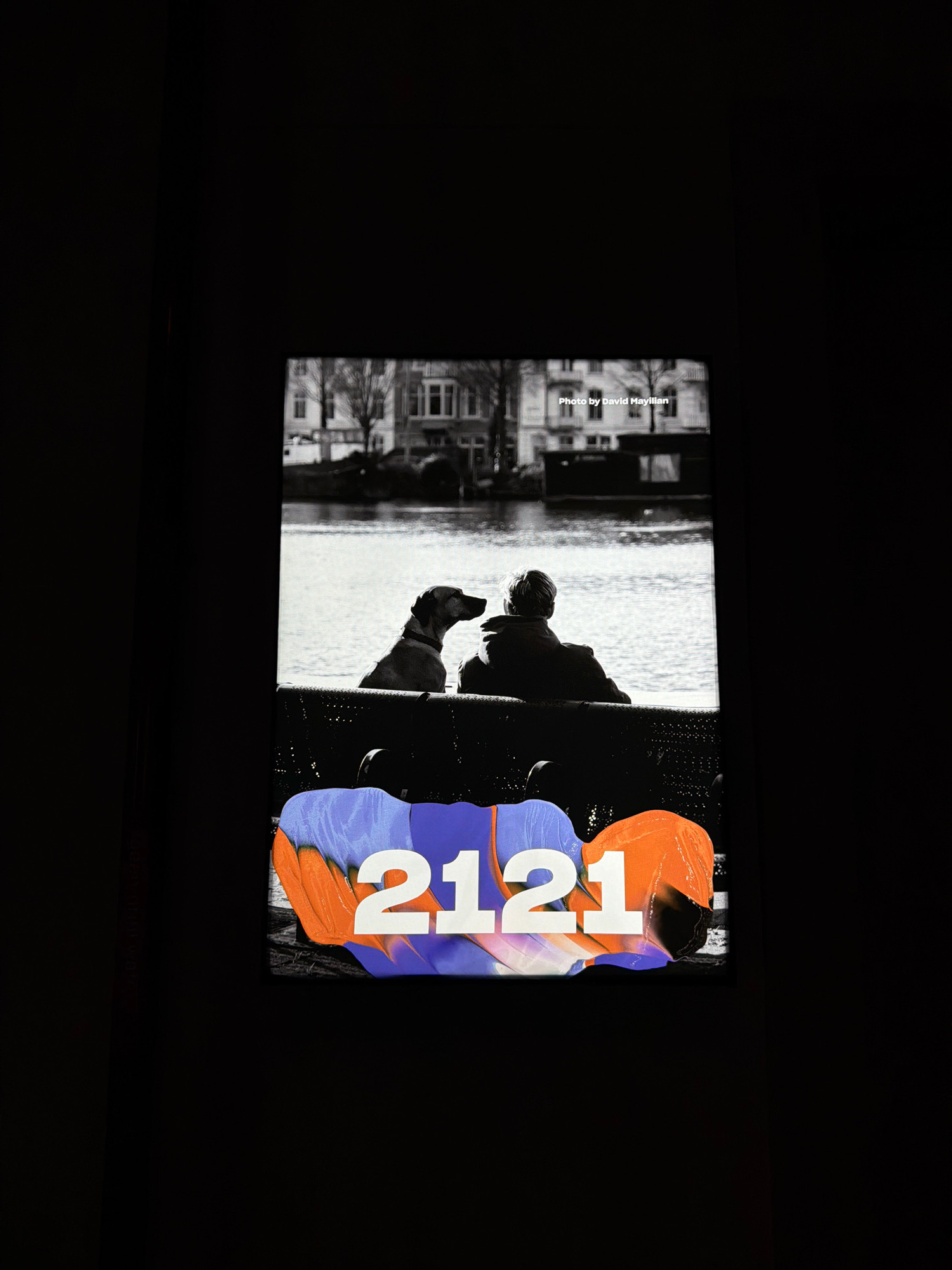 The image displays a photograph of a canal scene in Amsterdam, Netherlands. In the foreground, large, colorful, abstract brushstrokes of blue and orange are overlaid with the white numbers "2121". Behind this graphical element, a black and white photograph shows two figures, one adult and one dog, sitting on a bench facing a canal. Buildings line the opposite side of the canal, and a boat is visible on the water. The photographer's credit, "Photo by David Maylian", is visible in white text on the black and white photograph. The overall composition is framed by dark, black borders.