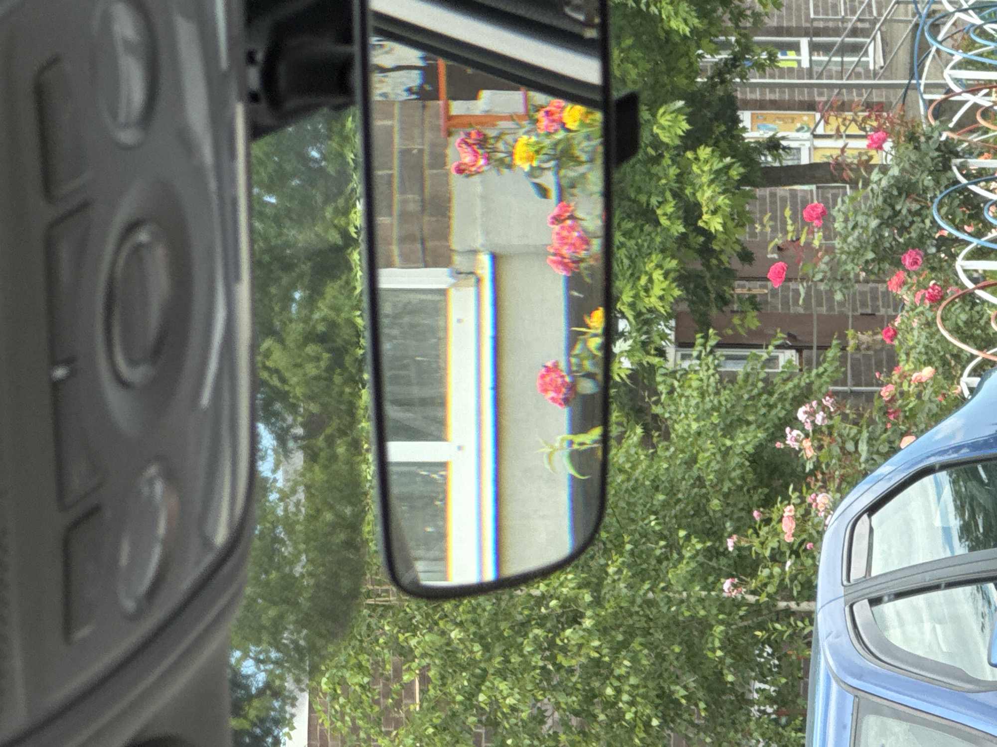 The image shows a view from inside a vehicle, looking at the interior roof console and the rear-view mirror. The rear-view mirror reflects a scene with a brick building, green trees, and rose bushes with pink and yellow flowers. A blue car is partially visible in the foreground to the left. The context of Mikhaylovsk, Russia, is not directly depicted in the visual elements of the image itself.