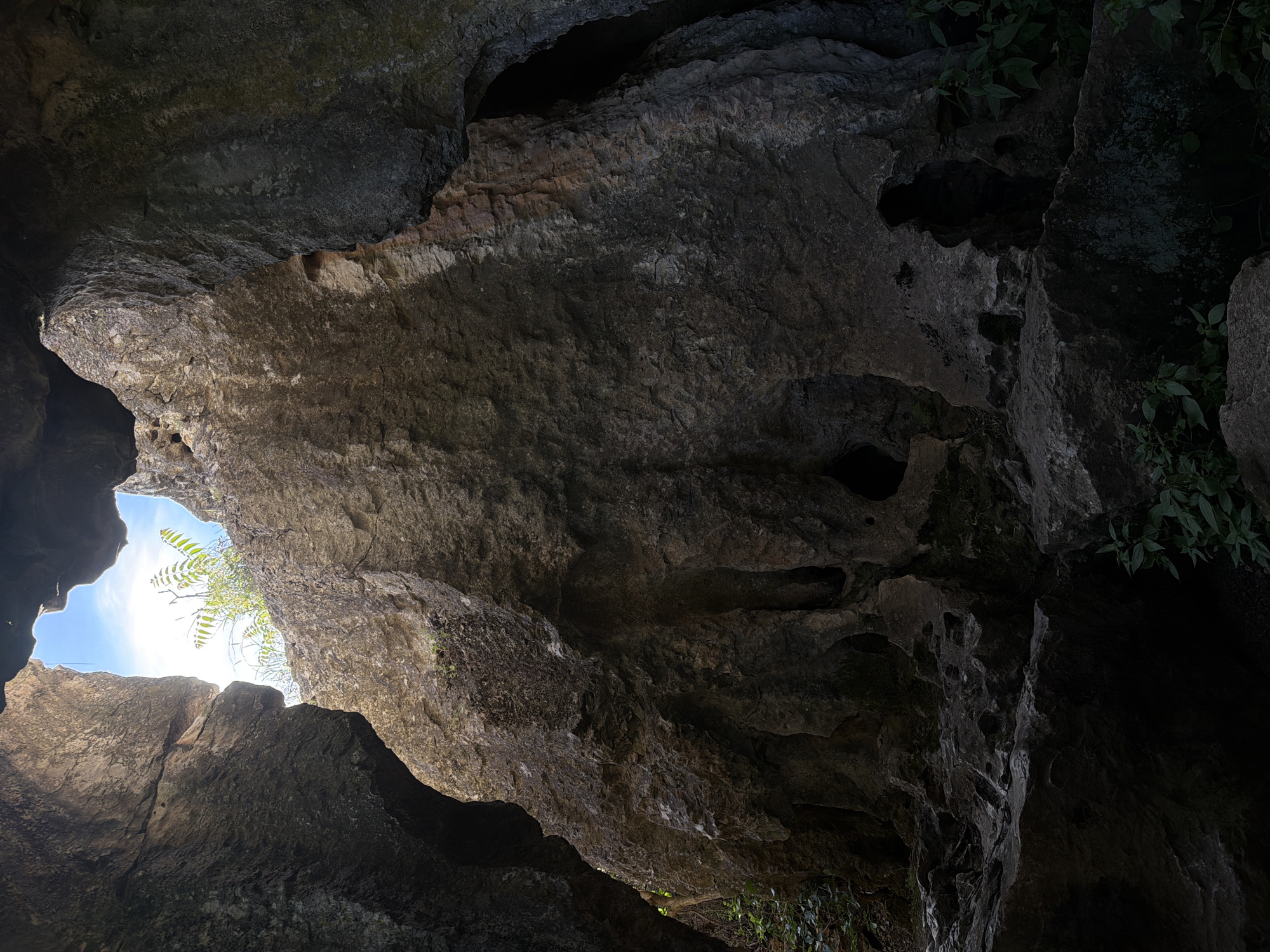 The image displays a natural rock formation, likely a cave or a deep rock fissure, situated in the city of Aglen, Bulgaria, and photographed from an interior perspective looking upwards. The scene is dominated by massive, weathered rock walls exhibiting a rough, textured surface with varying shades of dark grey and brown. An irregular, almost heart-shaped opening at the top reveals a bright blue sky, partially obscured by sun glare, and a small patch of vibrant green foliage. Strong natural light emanates from this opening, brightly illuminating the upper sections of the rock formation and creating deep, contrasting shadows throughout the lower and interior portions of the cavernous space. Sparse green plant growth is visible at the base of the rocks and along some shadowed ledges. No individuals, animals, or man-made objects are present within the frame.