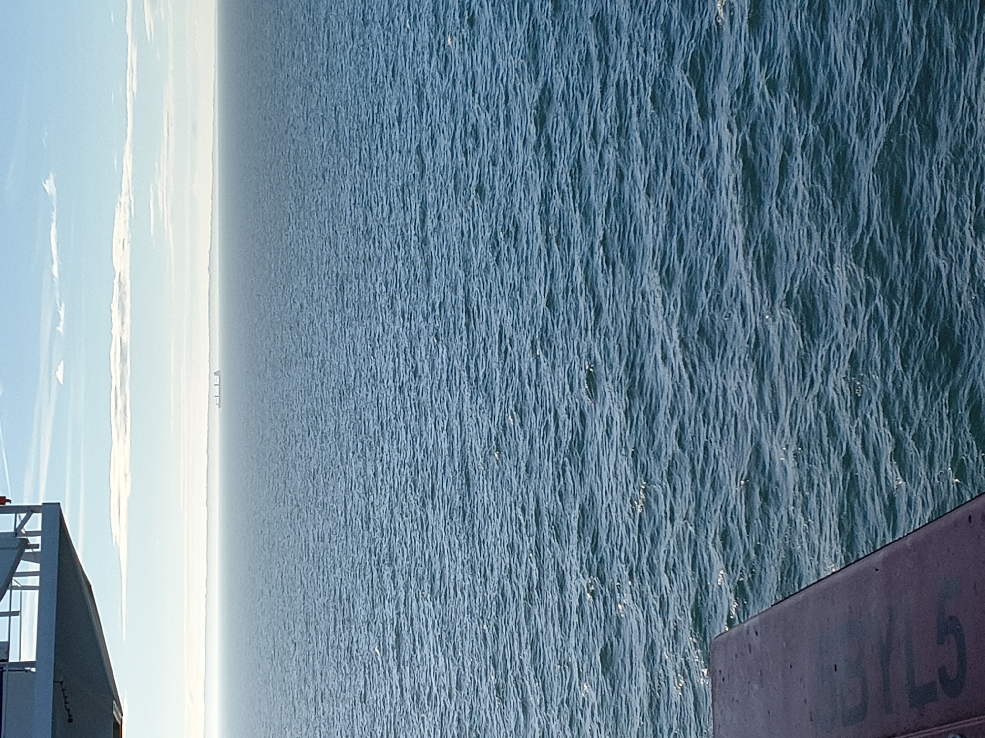 This media file features a vertical shot of a vast expanse of water, likely the sea, with a hazy sky in the background. On the left side of the image, a portion of a metallic structure, possibly part of a ship or a dock, is visible. The structure has white and grey elements, including railings and a slanted surface. The water is a deep blue and appears somewhat choppy, with light reflecting off its surface. The sky is a pale blue with streaks of white clouds, creating a sense of distance and possibly indicating a slightly overcast or hazy day. The horizon line is barely discernible due to the haze.
In the far distance, on the horizon where the water meets the sky, there are faint outlines of what might be structures, possibly a coastline or offshore installations. The overall mood is one of openness and vastness, with the natural elements of water and sky dominating the scene. The light suggests it could be daytime, perhaps morning or late afternoon, given the soft quality of the light.
Visible text includes "3YL5" in large, faded, dark grey letters on the metallic structure on the right side of the image. The image's orientation is vertical, with the water occupying the majority of the frame.
