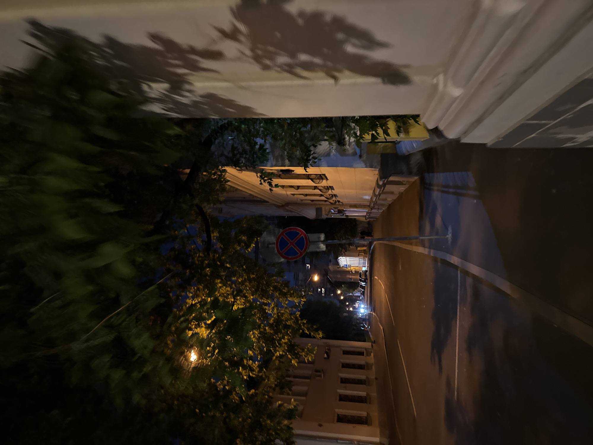 This image depicts an urban street scene at night in Moscow, Russia. The perspective is a slightly low-angle view looking down a curving asphalt road that recedes into the distance.
In the immediate foreground on the right, a light-colored building wall with architectural trim (possibly a cornice or plinth) is visible. Prominent, elongated shadows of tree leaves are cast across this wall, indicating an artificial light source to the right and above.
The main street features a paved road with white lane markings, illuminated by warm, yellow-orange streetlights. On the left side of the road, a multi-story building with a light-colored facade (cream or pale yellow) has several rectangular windows, some equipped with dark metal grates or decorative balconies. Overhanging the street from the left and center are dense canopies of trees with green foliage, brightly illuminated by the streetlights, which also cast dappled shadows onto the road surface.
A circular "No Stopping" sign, identifiable by its blue background, red border, and red 'X', is mounted on a pole near the right side of the road in the mid-ground. Further down the street on the right, additional buildings and several parked cars are discernible. The headlights of an approaching vehicle are visible in the distant background, signaling movement.
The sky is dark, indicating nighttime. The artificial street lighting creates strong contrasts, highlighting buildings and foliage while casting deep shadows across the scene. No discernible people are clearly visible in the foreground or mid-ground. The overall atmosphere is that of a quiet urban street after dark.