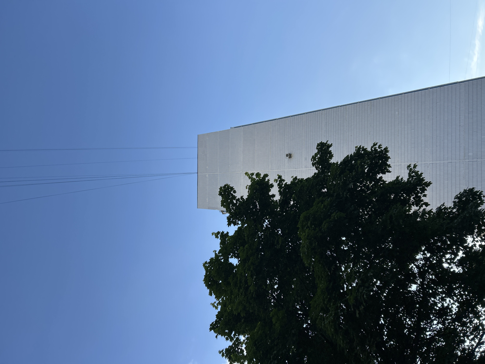 The image presents an upward view of a tall building partially obscured by a large tree, set against a clear blue sky. The main subject is a massive, rectangular building with a light-colored, possibly tiled or paneled facade, exhibiting a grid-like pattern. A small, light-colored rectangular object, potentially an air conditioning unit or vent, is visible on the building's surface towards the upper right.
A large, dense tree with dark green foliage occupies the lower and central-right portion of the frame, with its branches and leaves extending upwards to cover part of the building. The leaves appear lush and full.
The sky, a bright and clear blue, fills the remaining space, predominantly on the left and upper parts of the image, indicating sunny weather. Multiple thin, dark lines, resembling power lines or communication cables, stretch horizontally across the left side of the sky, appearing to originate near the building.
No people are visible, and no specific activity or event is taking place. The bright, cloudless sky suggests it is daytime, likely late morning or afternoon. The scene conveys a calm, static moment in what appears to be an urban or suburban setting. There is no visible text in the image.