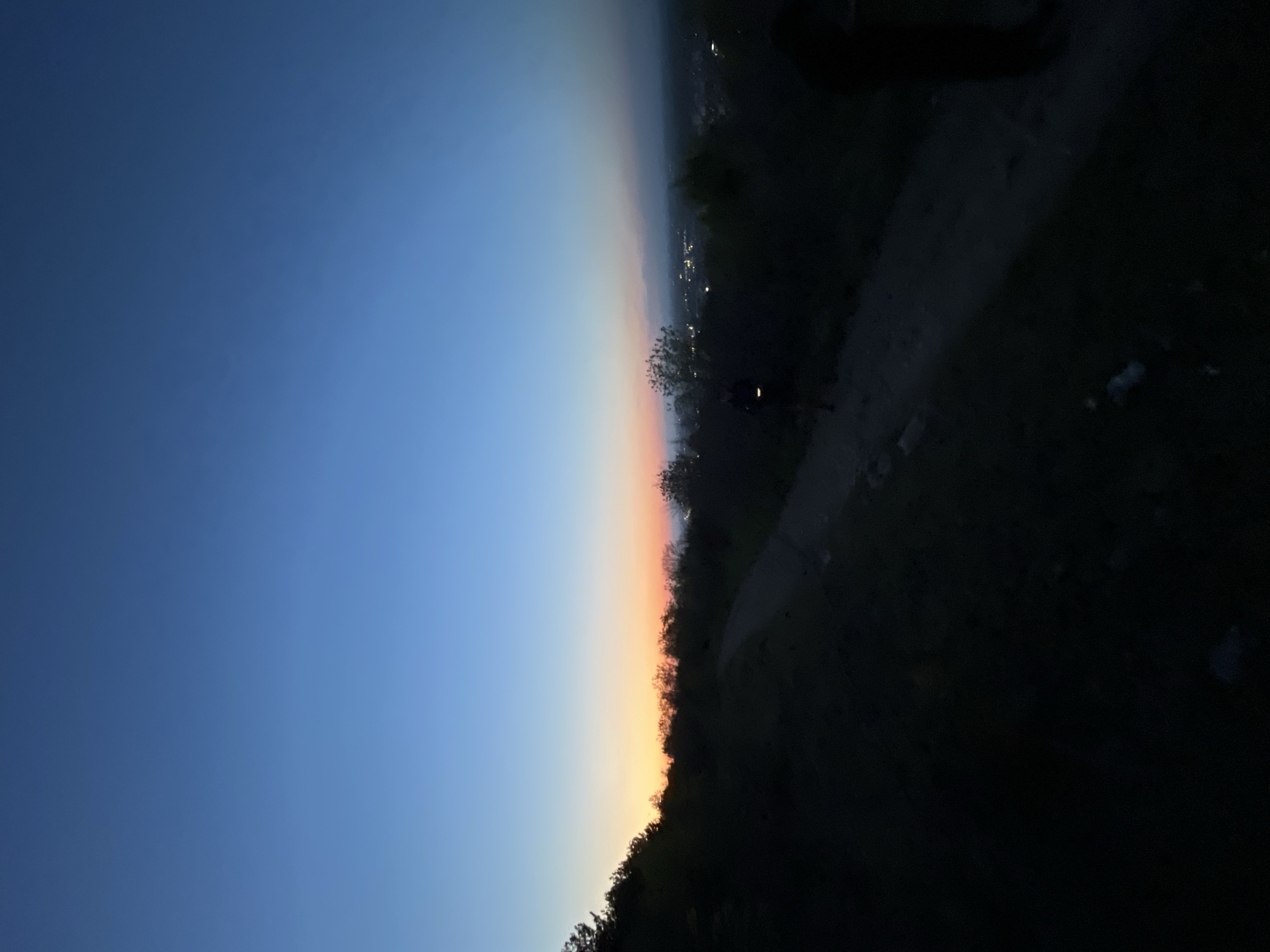 The image depicts a twilight scene taken from a high vantage point near Asenovgrad, Bulgaria, oriented vertically. A graduated sky transitions from deep blue on the left to orange and pink near the horizon. Silhouettes of trees and vegetation form the right edge. A dirt path winds alongside the vegetation. City lights are dimly visible in the distance along the horizon. A figure with a light is walking on the path.