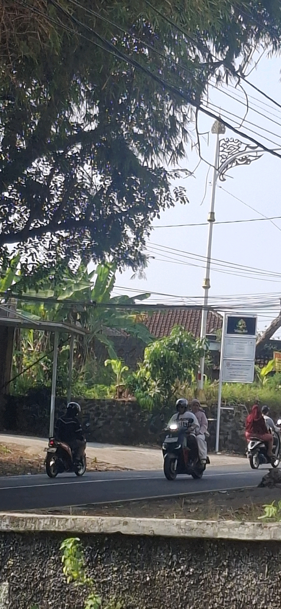 This image captures a street scene in Cilaku, Indonesia. A dark-colored scooter with two occupants, a driver and a passenger, is in motion on the right side of the road. The driver is wearing a helmet, and the passenger appears to be a woman wearing a headscarf. Further to the right, another scooter with two occupants is also visible, with the passenger wearing a red headscarf. In the foreground, a low wall covered in small stones runs along the edge of the road. Behind the road, lush green trees, including banana plants, dominate the landscape. A brown-tiled roof of a building is partially visible behind the vegetation. Electrical wires crisscross overhead, and a decorative lamppost stands on the right side of the image. The lighting suggests it is daytime, possibly late afternoon, with shadows indicating the sun's position.