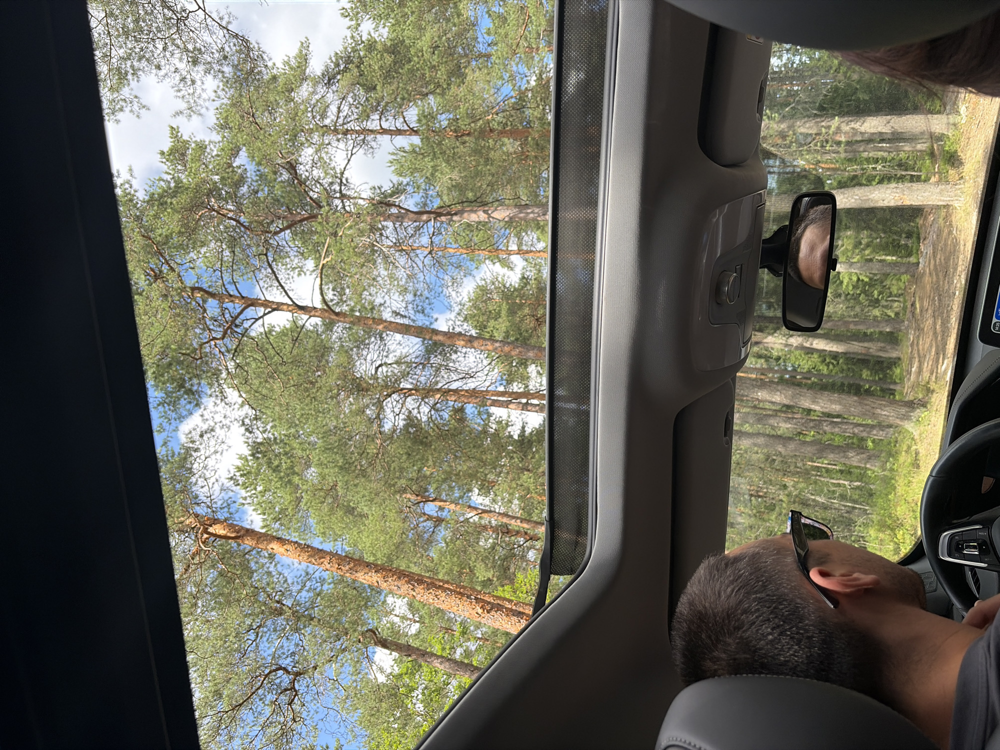 This image, captured from inside a vehicle, shows a view through the open sunroof and side windows. Tall pine trees with reddish-brown trunks dominate the landscape, interspersed with green foliage. The sky is blue with scattered white clouds. In the foreground, the interior of the car is visible, including a man wearing sunglasses, seen from behind as he drives. A rearview mirror reflects the man's eyes and forehead. The scene suggests a drive through a wooded area, possibly a forest. The location is identified as Steklyannyi, Russia.