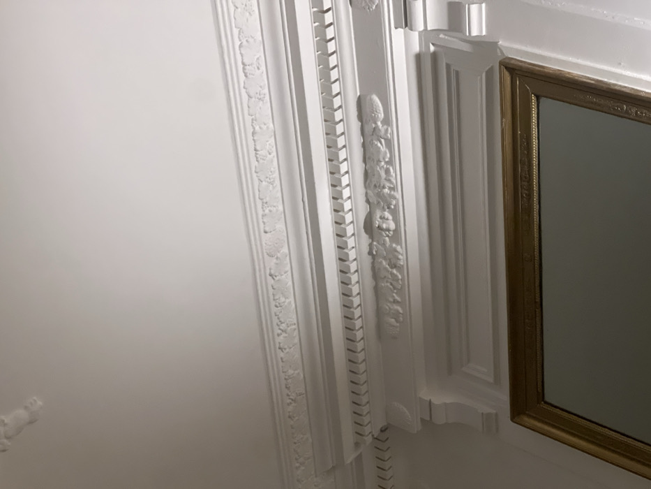 A section of a white wall featuring ornate molding. The molding consists of multiple layers with decorative patterns. To the right, a gold-framed mirror is partially visible, reflecting the surrounding light. The color palette is dominated by white and gold, with subtle shadows adding depth to the textured surfaces.