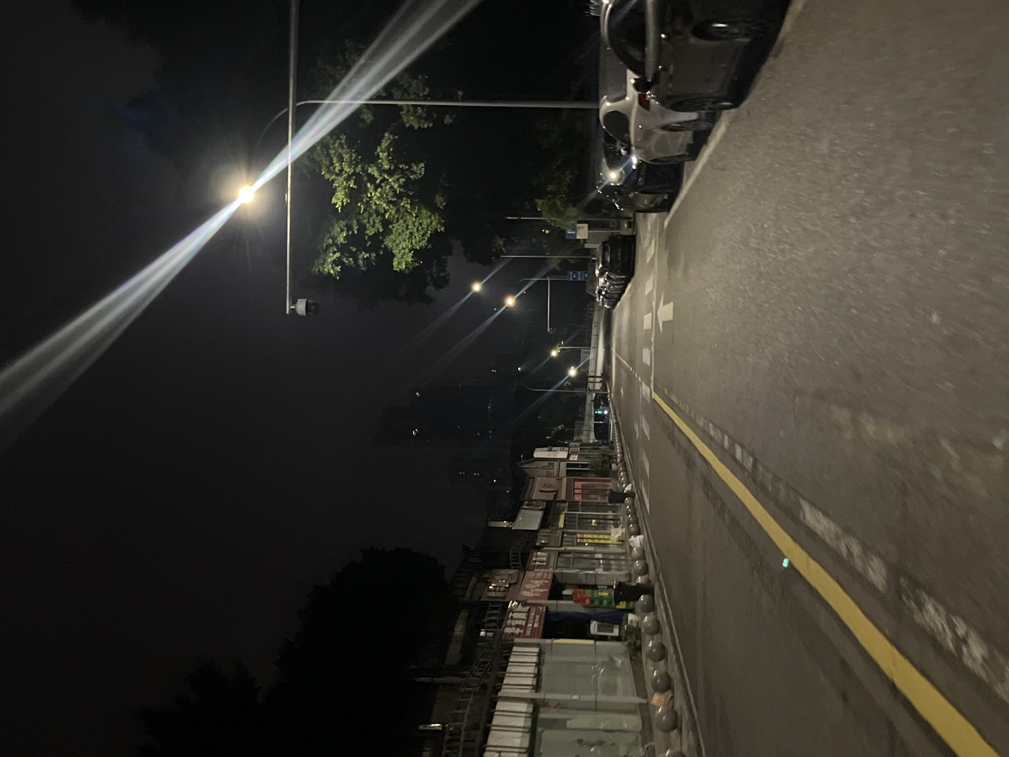 The image depicts a street scene at night in Jiulongpo District, China. The perspective is from a low angle, possibly from a moving vehicle, looking down a relatively wide asphalt road. The road has a clear yellow line marking the center. On the left side of the road, there is a sidewalk lined with spherical bollards and several storefronts. These storefronts have illuminated signs and displays, with some appearing to be shops or restaurants. A large tree with illuminated green foliage is visible on the right side of the road, with a street light above it. Several cars are parked along the right side of the road, and a security camera is mounted on a lamppost near the tree. The overall atmosphere is dark, with the artificial light sources creating streaks of light in the sky.