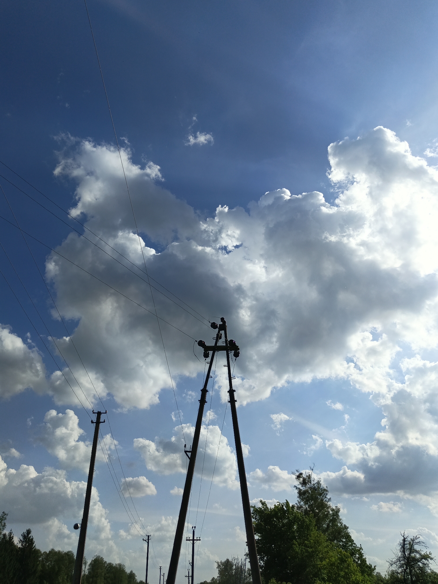 The image depicts a rural scene in Лосева, Belarus, with a blue sky filled with cumulus clouds. Several utility poles stand prominently in the foreground and middle ground, supporting power lines that stretch across the sky. The background features a line of trees, suggesting a forested area. The scene is lit by sunlight, casting shadows and highlighting the details of the clouds and the power lines.