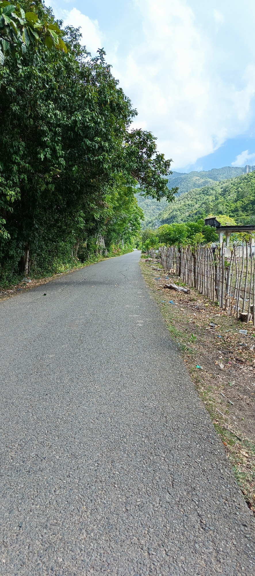 The image depicts a rural road in Geundring, Indonesia, lined with lush green trees on the left and a rustic fence made of wooden stakes on the right. The road surface appears to be asphalt, showing some wear and tear. Beyond the fence, the terrain slopes upwards, covered in dense green vegetation and trees, leading to rolling hills that form the backdrop of the scene. The sky is blue with scattered white clouds, suggesting fair weather. There are no people or animals visible in the image. The overall impression is one of a serene, natural landscape, with the road serving as a pathway through the verdant environment.