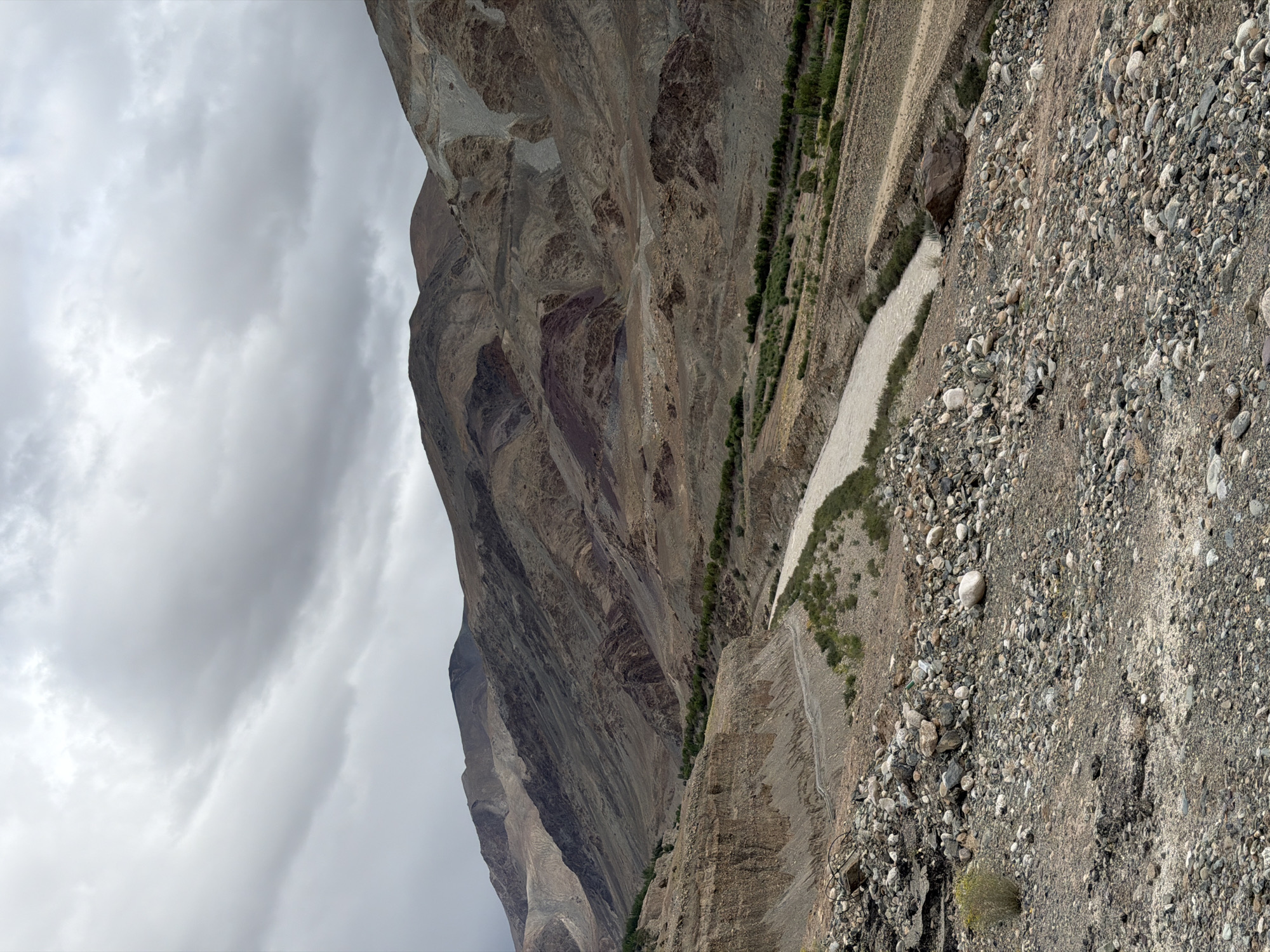 This is a photograph taken in Kiari, India, showing a rugged mountain landscape. The foreground is dominated by a slope covered in rocks and gravel. A winding, light-colored river cuts through the mid-ground, bordered by sparse vegetation and agricultural terraces. In the background, layered mountains rise, their slopes showing variations in color from tan and brown to darker, reddish-brown hues, indicative of geological strata. The sky is overcast with heavy, grey clouds. The scene appears arid and remote, with no people or animals visible. The overall impression is one of natural, untouched terrain under a dramatic sky.