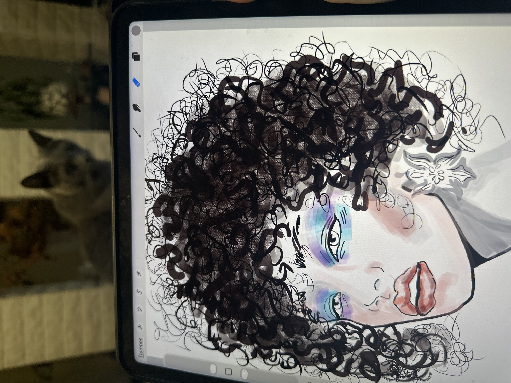 The image shows a close-up of a digital drawing on a tablet screen. The drawing is a portrait of a person with curly black hair, vibrant blue and purple eye shadow, and red lips. The drawing style is sketch-like with bold lines and some color washes. The tablet is held in a black case, and the background is blurred, showing a gray cat in a dimly lit room. The tablet screen displays drawing tools and a folder icon labeled "Галерея" (Gallery) in Russian. The scene is likely indoors in a residential setting.