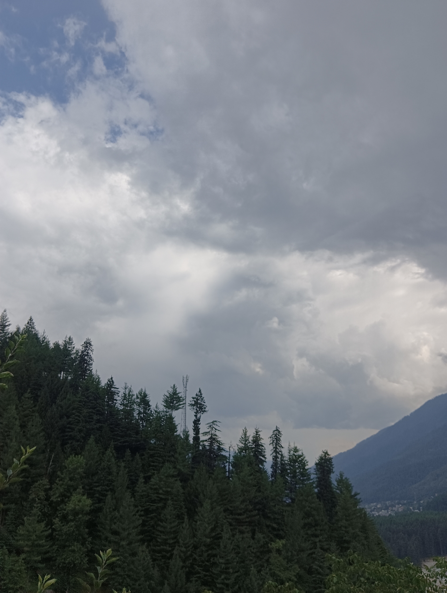 The image captures a scenic view of a mountain landscape under a cloudy sky. The foreground is dominated by a dense forest of evergreen trees, primarily pine or fir, covering a steep hillside. The trees are dark green and lush, with their pointed tops creating a jagged silhouette against the sky. In the middle ground, a few taller structures, possibly cell towers, rise above the treeline, indicating some human presence in the otherwise natural setting.
Further in the distance, a mountain range recedes into a hazy blue. The slopes of these mountains are also covered in vegetation, though less densely than in the foreground. A small settlement or village appears nestled in the valley between the forested slopes and the distant mountains, with some buildings visible.
The sky is filled with a thick layer of clouds, ranging from light grey to darker, more ominous tones. Some patches of brighter sky suggest diffused sunlight breaking through, but overall, the weather appears overcast and potentially a bit gloomy. The time of day is indeterminate due to the cloud cover, but the light suggests it is daytime.
The location is Vashisht, India, known for its mountain scenery and spiritual significance. The image evokes a sense of natural grandeur and peacefulness, typical of mountain vistas. There is no visible text in the image.