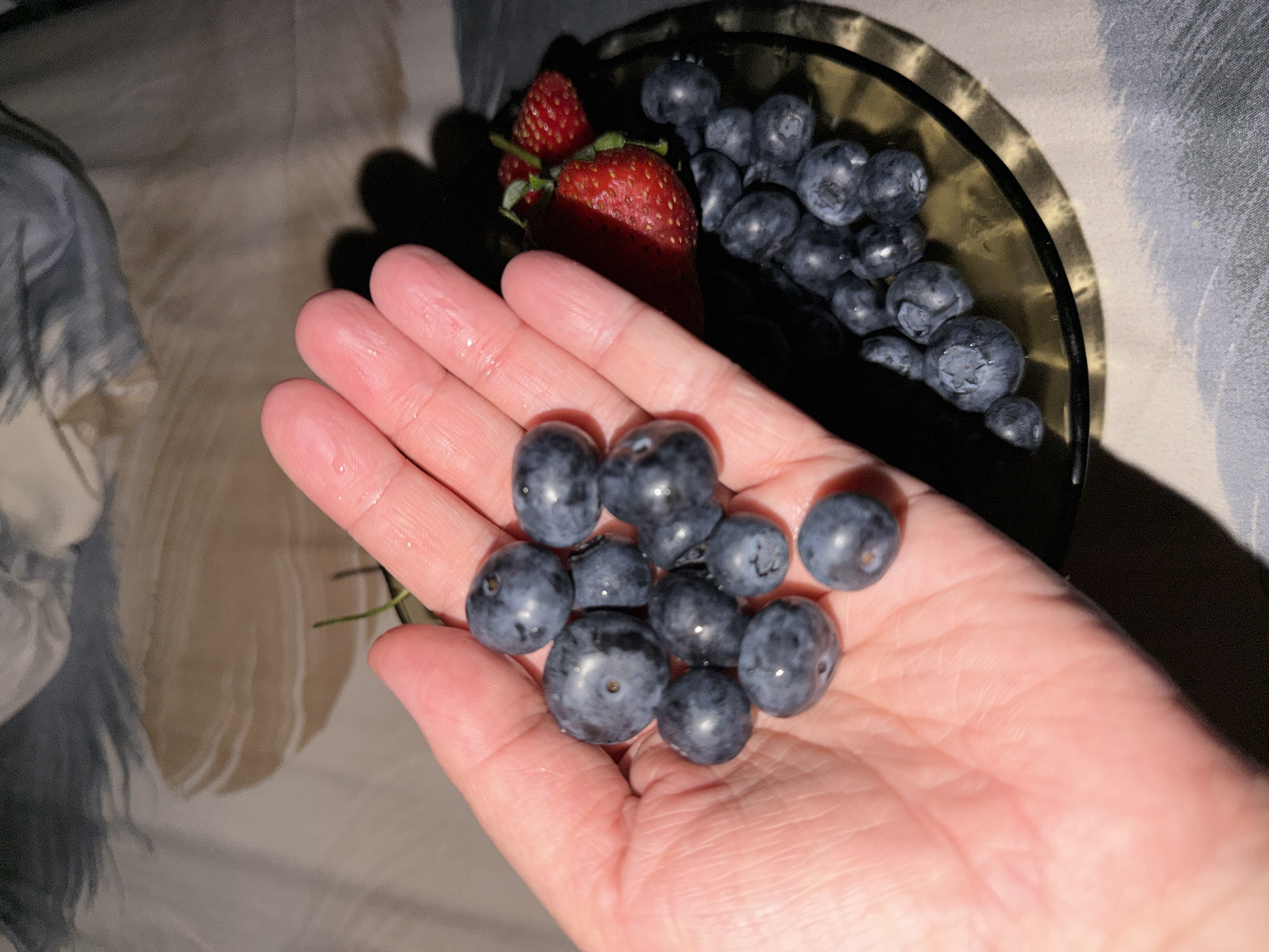 The image shows a human hand holding a cluster of blueberries. In the background, there is a dark, shallow dish containing more blueberries and several strawberries. The surface below the hand and dish appears to be a patterned cloth or bedding. There is no information in the image to indicate a location in the city of Moscow, Russia.