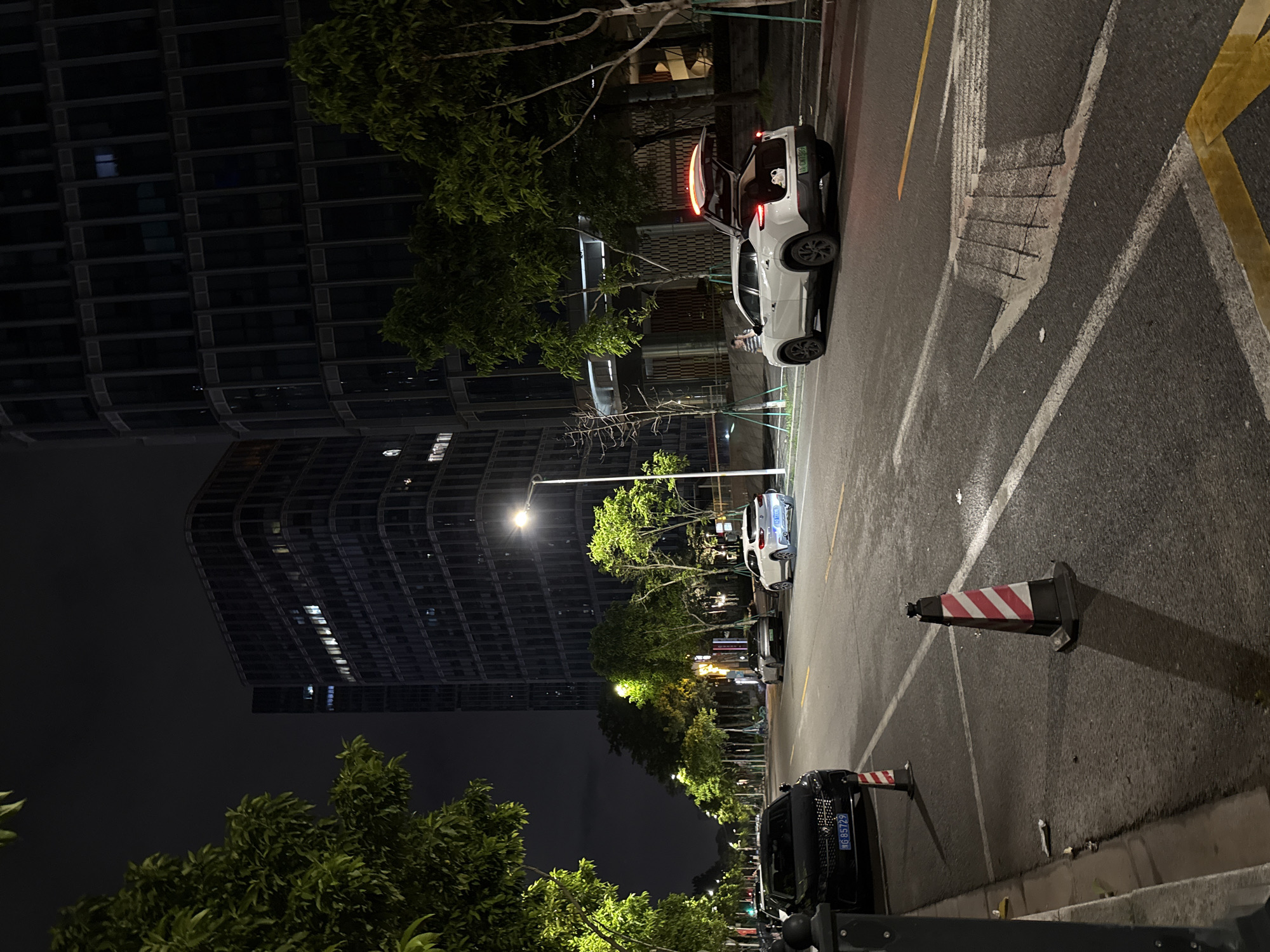 The image depicts a street scene at night in Haizhu District, China. A paved road runs through the center of the frame, lined with trees and modern buildings. Several cars are parked along the roadside. In the foreground, a black sedan with a license plate reading "HG 85729" is visible. Further down the street, a white SUV with its trunk open is parked, with a person standing nearby. Traffic cones, one with red and white stripes, are placed on the road. Streetlights illuminate the area, casting shadows from the trees and vehicles. The architecture of the buildings suggests an urban commercial or residential area.