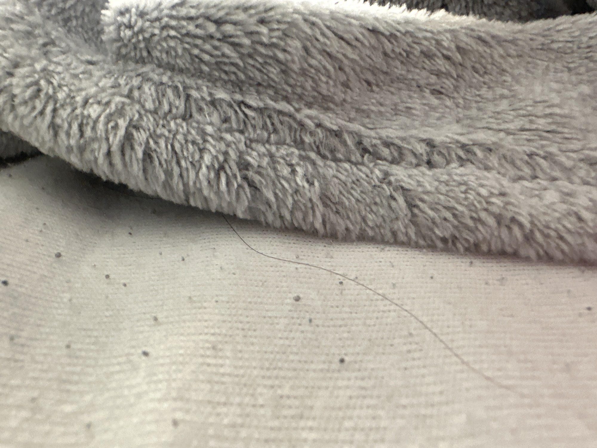 The image shows a close-up view of a gray fluffy blanket or fabric lying on top of a textured light-colored surface, possibly another fabric or textile. The blanket has a soft, fuzzy texture with visible fibers. Scattered across the lighter surface are small dark specks, which could be lint, dust, or debris. A single, thin dark hair is visible extending across the lighter surface. The lighting appears to be overhead and somewhat diffused, creating soft shadows and highlights on the textures. There are no people, animals, or specific landmarks identifiable within the frame that would allow for location in Shumen, Bulgaria. The scene is static and provides no information about actions or interactions.