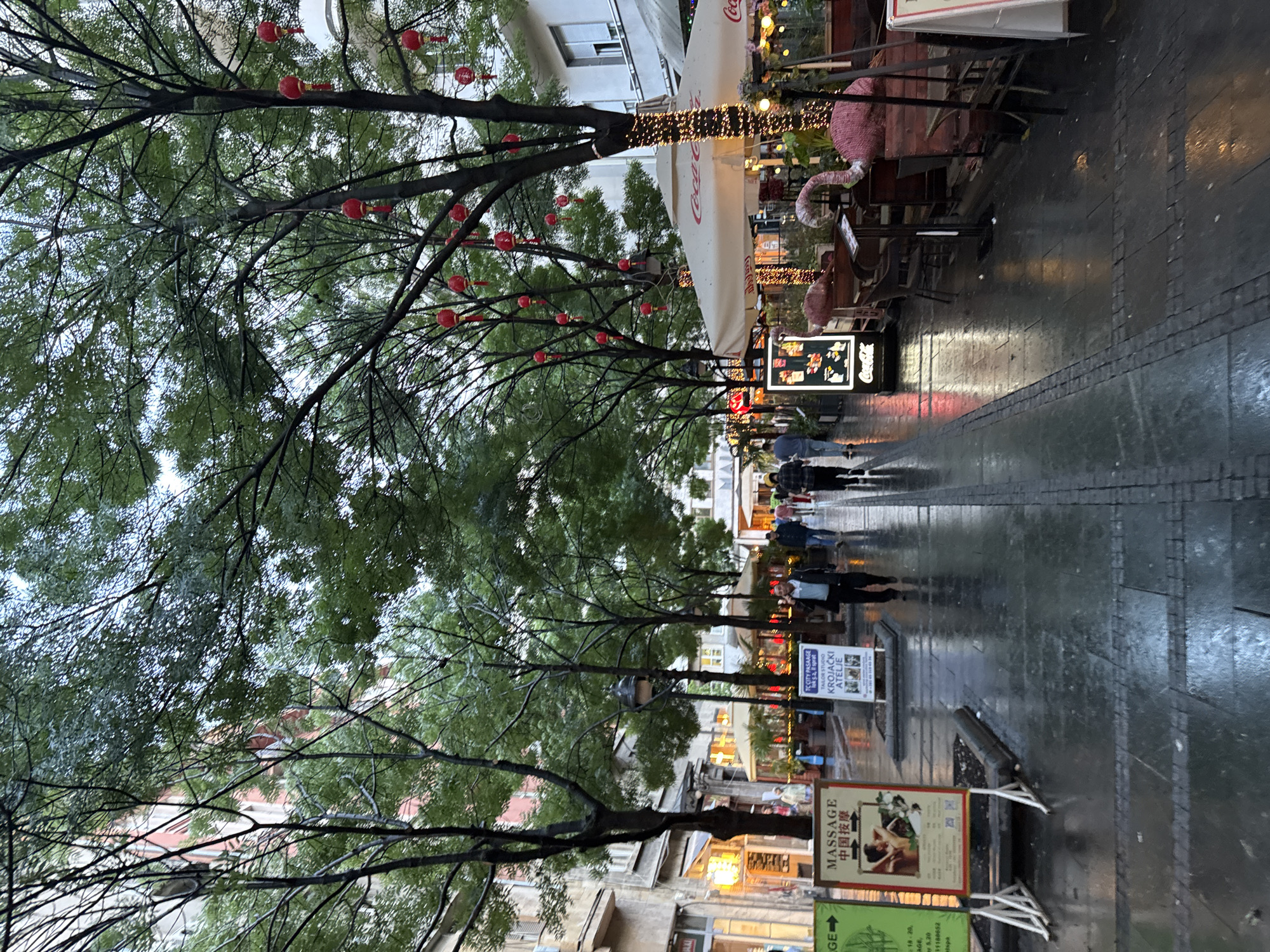 The image depicts a rainy street scene in Belgrade, Serbia. A wet, stone-paved pedestrian zone is lined with trees decorated with red lanterns. People are walking along the street under umbrellas. On the right side of the street, there are outdoor seating areas of restaurants or cafes, with awnings and some decorative elements, including a pink flamingo-shaped topiary. Street signs advertising massage services and a tailor shop are visible. Buildings line the street, illuminated by streetlights and shopfronts. The overall scene is urban and depicts a typical rainy day in a city.