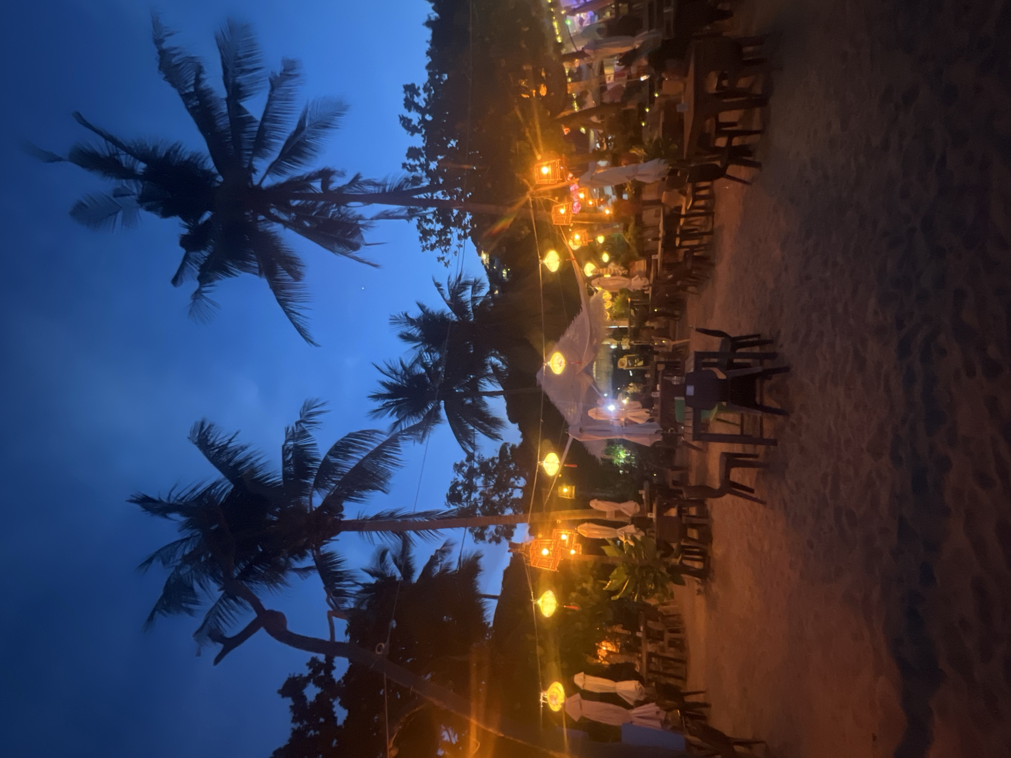 This image depicts an outdoor dining area on a beach in Ko Samui District, Thailand, at dusk. Several palm trees are visible against a deep blue sky, with their silhouettes casting shadows. String lights with yellow lanterns hang overhead, illuminating rows of tables and chairs set up on the sand. Some tables are empty, while others appear to have patrons, though their faces are not clearly discernible due to the low light. Umbrellas are folded and placed beside some of the tables. The overall atmosphere suggests a tropical beachside restaurant preparing for or in the midst of evening service.