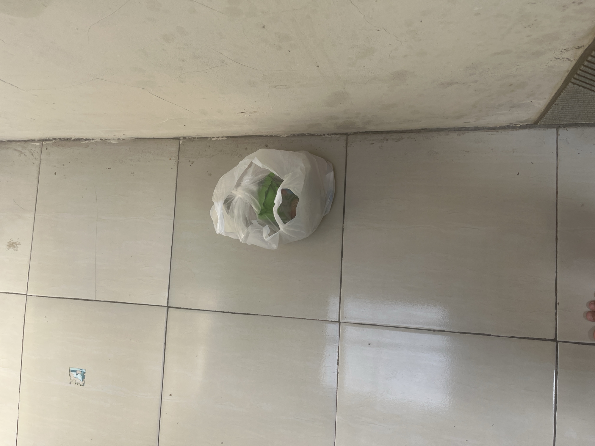 A plastic grocery bag containing green items rests on a tiled floor in a corner of a room. The floor is made of beige square tiles with dark grout lines. To the right of the tiles, a light-colored wall is visible, showing signs of wear and discoloration. A small, torn sticker or label is affixed to one of the tiles in the upper left quadrant of the image. The bottom of the image shows a sliver of a person's feet, indicating their presence in the scene. The scene appears to be an indoor domestic setting.
