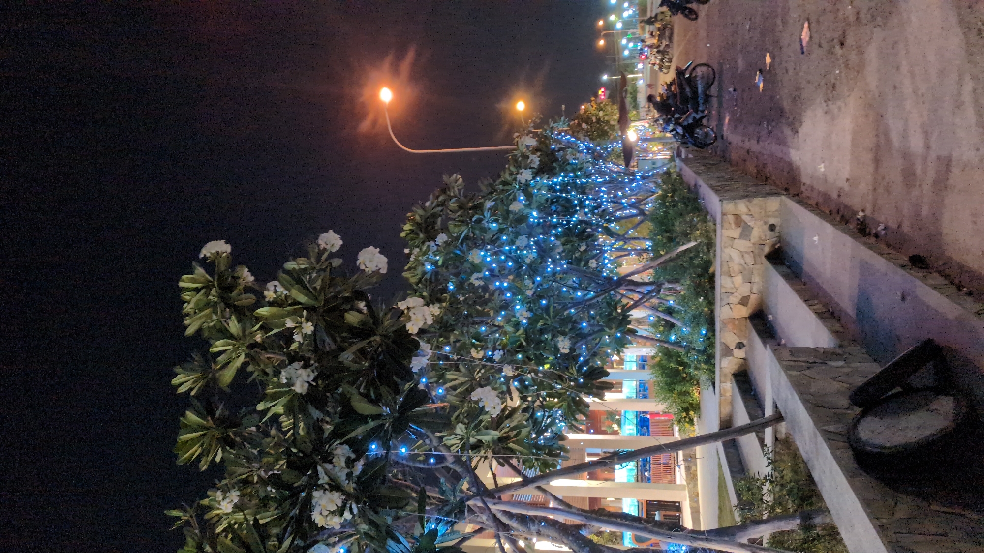 The image shows an outdoor night scene in Khánh Hải, Vietnam. Trees decorated with blue lights line a street with streetlights and parked motorbikes in the background. In the foreground, a tree with white flowers stands out against the dark sky. Along the right side of the image, a concrete structure with stone elements can be observed. A trash can is also visible on the right-hand side of the frame.