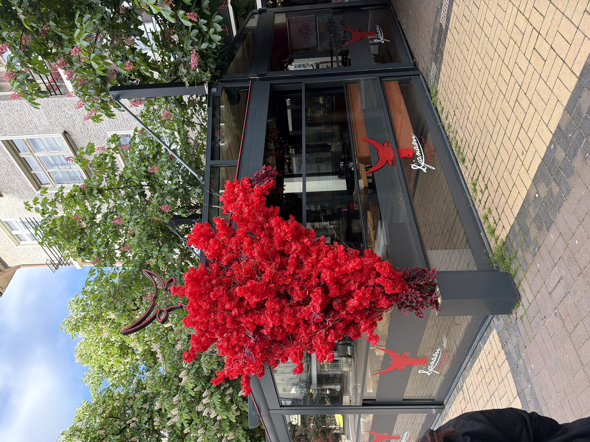 The image shows the exterior of a building with a sign that reads "Lianam" in cursive writing. The sign also includes a red bull logo. The building has dark gray window frames and appears to be a restaurant or business. A large red artificial tree is located in front of the building's entrance. Sidewalk paving stones are visible to the right, and tree branches are visible in the upper left and bottom of the image. The precise location within the city of Sofia, Bulgaria is not determinable from this image alone. No people are clearly visible.