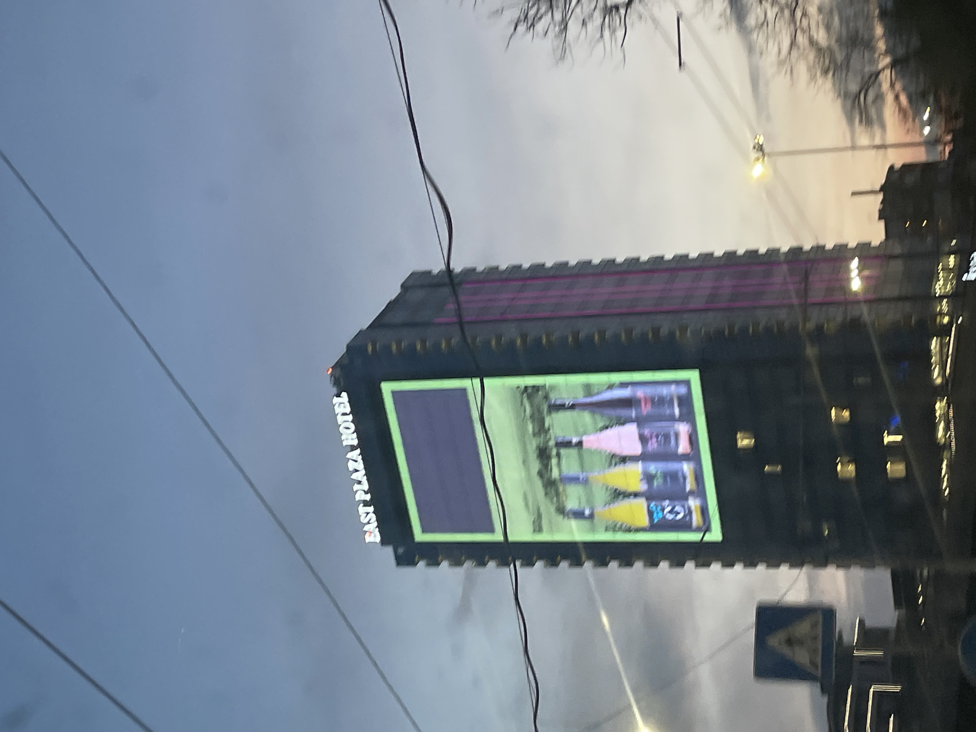 This image presents an upward view of a modern high-rise building, identified as the "EAST PLAZA HOTEL," against an overcast sky at dusk in Sofia, Bulgaria. The building's architecture is notable for its crenellated parapet at the top and a large digital billboard integrated into its facade.
The billboard displays an advertisement featuring several distinctively colored bottles, likely beverages, arranged against a green, landscape-like background. A section of the digital screen to the left of the advertisement appears dark or unlit. The words "EAST PLAZA HOTEL" are clearly visible in white, vertical lettering on the building's side, adjacent to the billboard.
The sky, ranging from light grey to a soft orange hue on the right, indicates the time is late afternoon or early evening. The scene is crisscrossed by several dark power lines or cables. Bare tree branches are visible at the very top of the frame, hinting at a colder season. Street lights are either on or beginning to glow, and a blue-and-white traffic sign is partially visible on the lower right, contributing to the urban street setting.