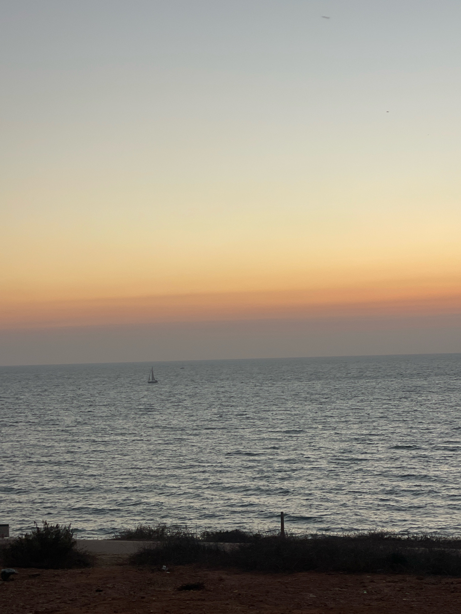 The image depicts a tranquil seascape at dusk, likely from the city of Herzliya, Israel. The sky transitions from a pale, clear blue at the top to warm hues of orange and yellow closer to the horizon, indicating the setting sun. A few faint, dark specks, possibly distant birds or planes, are visible in the upper sky.
The vast expanse of the sea occupies the middle portion of the frame. The water is a deep, textured grey, with small waves rippling across its surface. A solitary sailboat with a single white sail is positioned in the distance, navigating the calm waters. To the right of the sailboat, another, smaller vessel is barely visible.
The foreground of the image shows a rocky, sandy shoreline. Dark green, low-lying vegetation, likely scrub or bushes, grows along the edge of the land, some of it appearing dry and sparse. A dark, thin post stands upright near the water's edge, almost as if marking a boundary. The ground beneath the vegetation is a reddish-brown, sandy earth, suggesting a natural coastal environment. The overall scene conveys a sense of peace and natural beauty at the close of day.