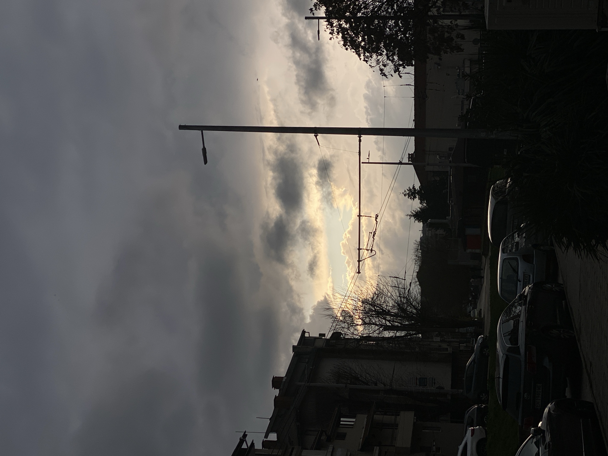 The image captures an urban street scene in Pleven, Bulgaria, under a heavily clouded sky with a visible break of sunlight near the horizon. The environment is characterized by strong backlighting, creating prominent silhouettes.
On the left, a multi-story building, likely residential, is largely obscured by shadow, revealing rooflines, chimneys, and some window frames. Bare deciduous trees are situated in front of and around this structure.
The mid-ground features a street with several parked vehicles. A dark station wagon displaying the Bulgarian license plate "EH 1940 ME" is parked along a curb, alongside a lighter-colored hatchback with license plate "96 KK." Overhead electrical lines, consistent with a trolleybus or tram system, traverse the frame, supported by utility poles. A tall, dark street light pole stands prominently in the central-right. Another, shorter street light is visible further right.
The foreground contains dense, dark vegetation, possibly shrubs, further enhancing the silhouetted effect. No individuals or specific actions are discernible within the frame. The overall scene depicts a street infrastructure under specific weather and lighting conditions.