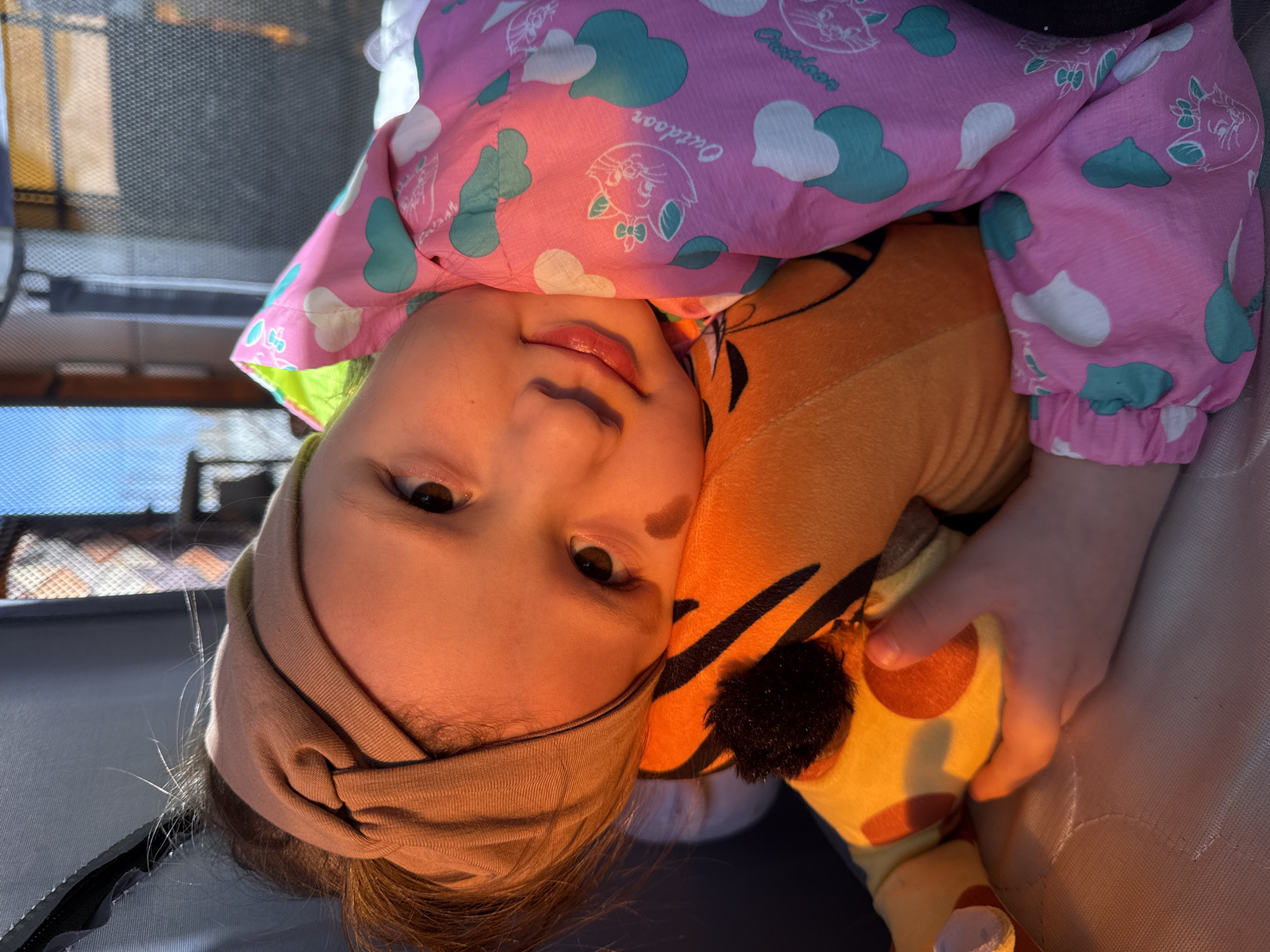 A young girl is holding a stuffed giraffe. She is wearing a pink jacket with white and green cloud-like shapes and cartoon animal drawings. The girl is wearing a brown headband. The location is likely indoors due to the presence of the window. The image does not have sufficient information to confidently locate the exact location in the city of Кипчак, Russia.