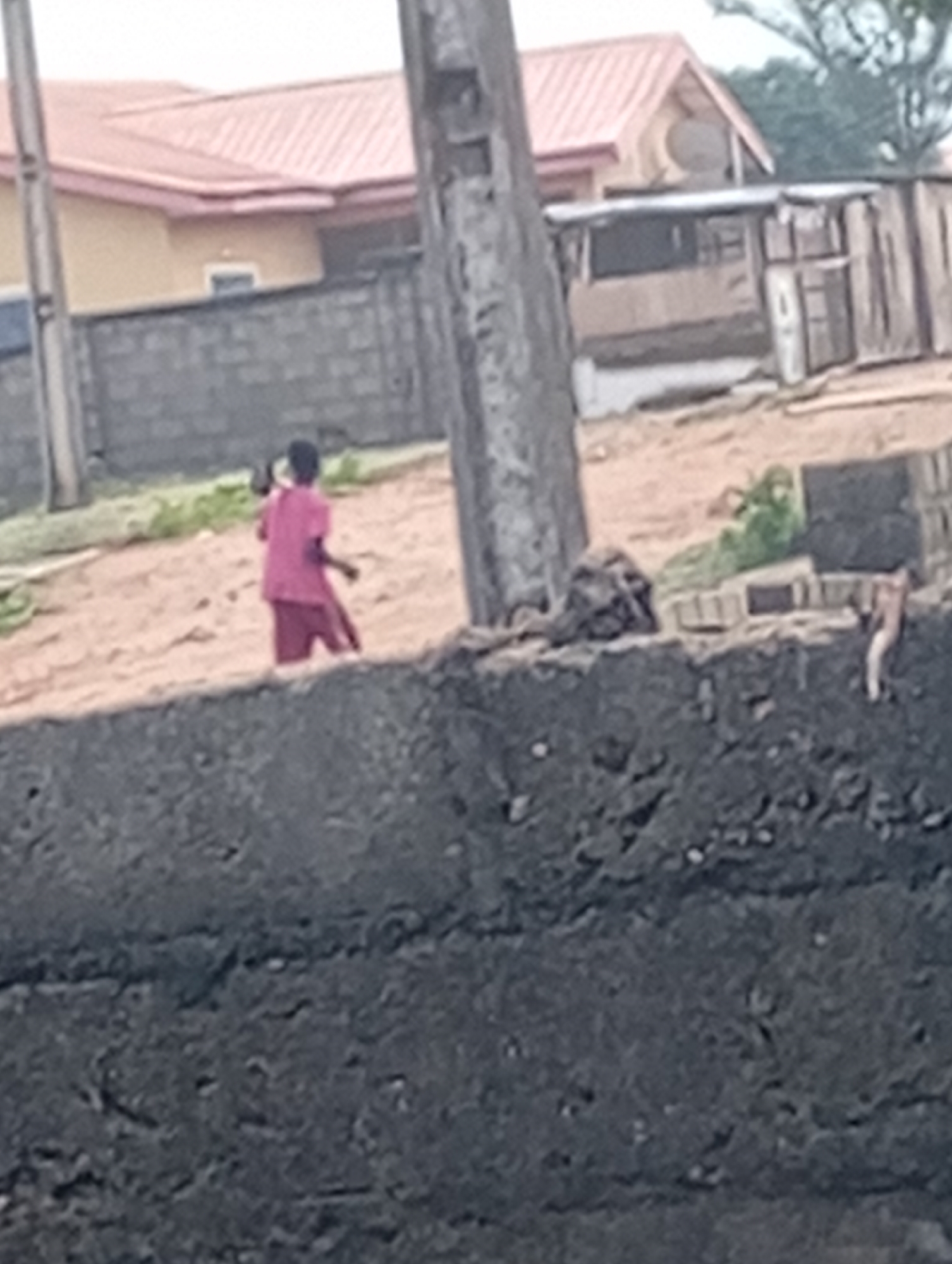 The image depicts an outdoor scene in Adankolo, Nigeria, featuring a child and various structures under an overcast sky. In the foreground, a dark, rough concrete or cinder block wall stretches across the bottom of the frame. Beyond this, a child, appearing to be young, walks on a sandy, unpaved path. The child wears a pink t-shirt and matching pink shorts, and is holding a dark, possibly cylindrical object (like a bottle) up towards their face.
Two prominent, roughly hewn utility poles or concrete posts vertically divide the midground. Behind the child and the posts, a residential building with a reddish-brown corrugated metal roof and light-colored walls is visible. To the right of this building, a smaller, more makeshift structure is present, constructed from what appears to be corrugated metal sheets and wooden elements. The ground is largely dirt or sand with patches of sparse green vegetation and some scattered debris, including what looks like concrete blocks. The overall image is somewhat blurry and grainy, suggesting it was taken from a distance or with limited resolution. No discernible text is visible anywhere in the frame. The lack of strong shadows indicates either an overcast day or early morning/late afternoon light.
