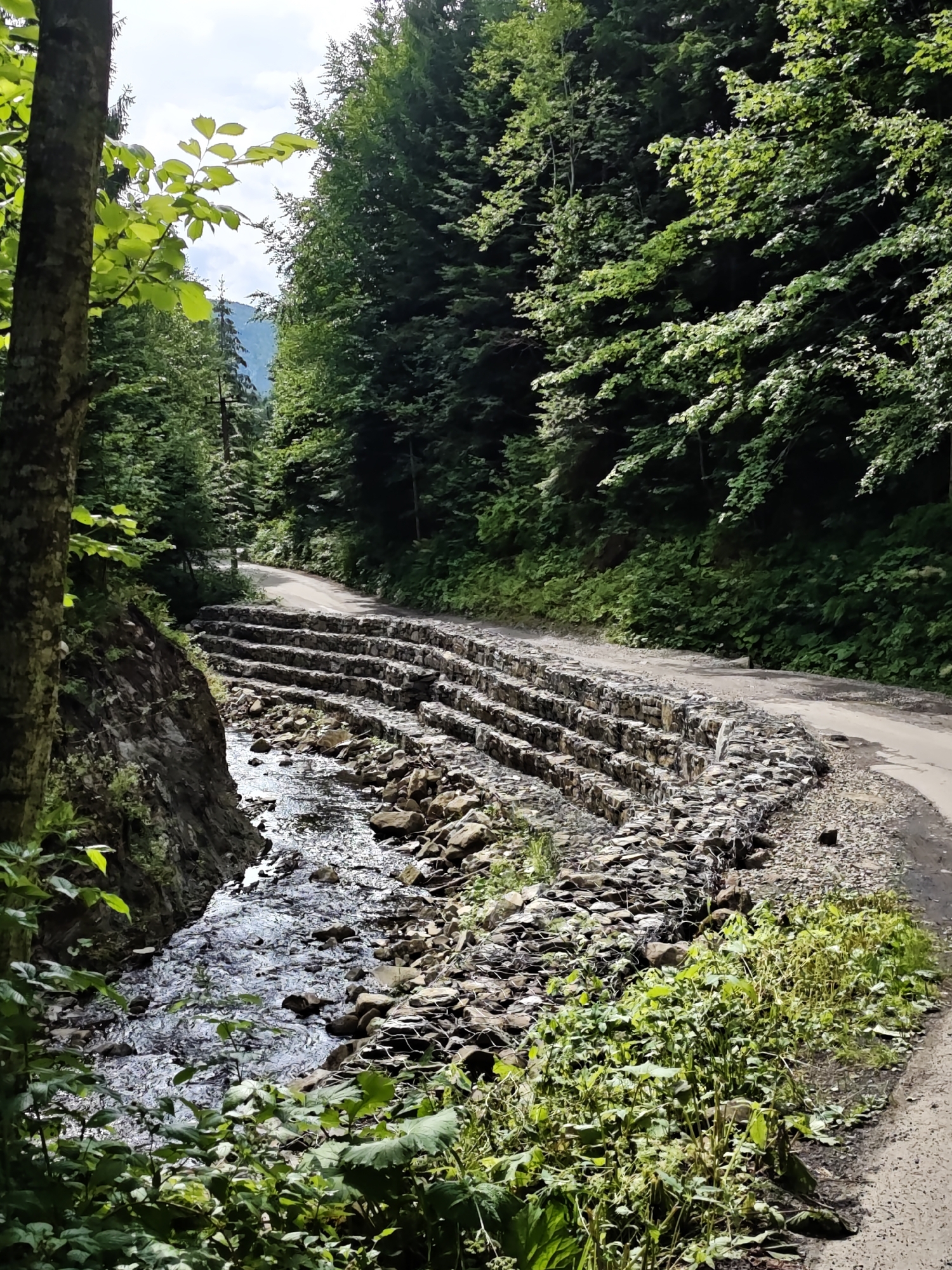 A scenic view of a winding road in the mountainous region of Tatariv, Ukraine, with a stream running alongside it. The road is unpaved and appears to be a dirt or gravel path. On the left side of the road, a stream flows through a rocky bed. The stream is flanked by a retaining wall constructed from gabions filled with stones. This wall forms a series of terraced steps, likely designed to prevent erosion and stabilize the roadside. Lush green vegetation, including trees and bushes, covers the slopes surrounding the road and stream, indicating a natural, possibly forested environment. The sky is partly cloudy, suggesting a pleasant day for outdoor activities. There are no people or animals visible in the image.