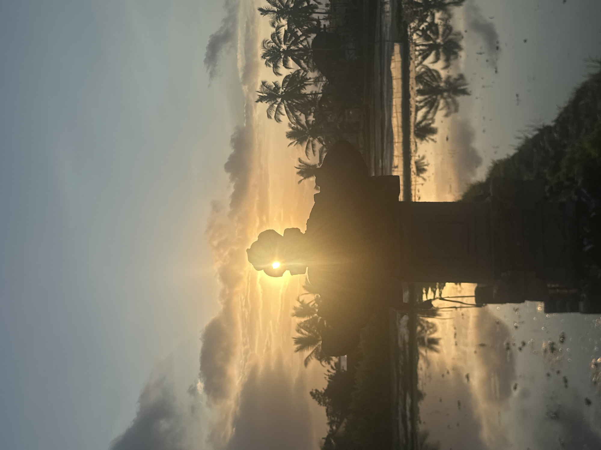 This media file captures a serene sunset scene in Ubud District, Indonesia. The primary subjects are the silhouettes of palm trees and a dark, possibly stone, structure against a backdrop of a radiant sky. The sun is low on the horizon, peeking through clouds and casting a warm, golden glow across the scene. Its rays are bright, creating a lens flare effect where it is partially obscured by the dark silhouette in the foreground, which appears to be a statue or a building's edge.
The setting is a reflective surface, likely flooded rice paddies or a calm body of water, which mirrors the sky, the palm trees, and the silhouette, adding depth and symmetry to the image. The palm trees are characteristic of a tropical landscape, suggesting a rural or natural environment. The sky displays a gradient of colors, transitioning from a soft blue at the top to warm oranges and yellows near the horizon, with scattered clouds adding texture.
The overall mood is tranquil and peaceful, evoking the beauty of a tropical evening. The time of day is clearly sunset, indicated by the low sun angle and the warm, diffused light. There is no visible text in the media file. The image is oriented vertically.