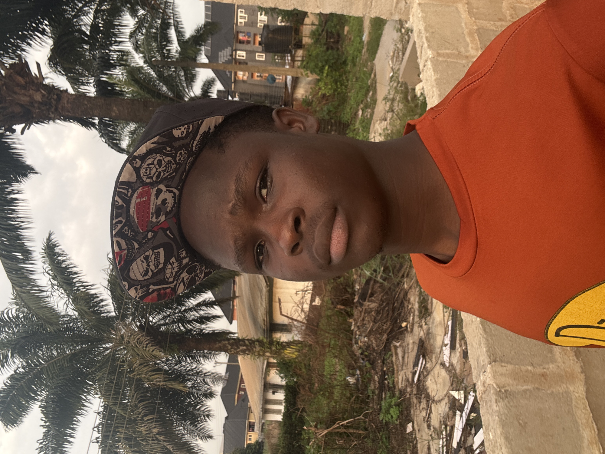 An eye-level portrait-oriented image, rotated clockwise, captures a young man of African descent looking directly at the camera with a neutral expression. He is wearing a black baseball cap with a decorative brim featuring skull-like and abstract patterns in white, black, and red. His attire also includes a plain orange short-sleeved t-shirt, with a partial yellow logo outlined in black visible on the right side of his chest.
The background to his left is dominated by several tall palm trees with dense green fronds, set against an overcast, light grey sky. Through the foliage, several multi-story buildings, likely residential, are visible in the distance. To his right, a rough concrete or stone structure, possibly a wall or pillar, occupies the immediate background. Beyond this structure, the scene reveals unkempt ground with sparse green vegetation, dry bushes, and some debris. Further in the distance, more buildings and trees can be seen.
The scene takes place during the daytime under an overcast sky, suggesting a muted light. The overall setting is consistent with a residential or semi-urban area, providing a visual context for Ihiagwa, Nigeria. The man is posing for the camera, and no specific activity is taking place. There is no decipherable text visible on his clothing or the cap's pattern.