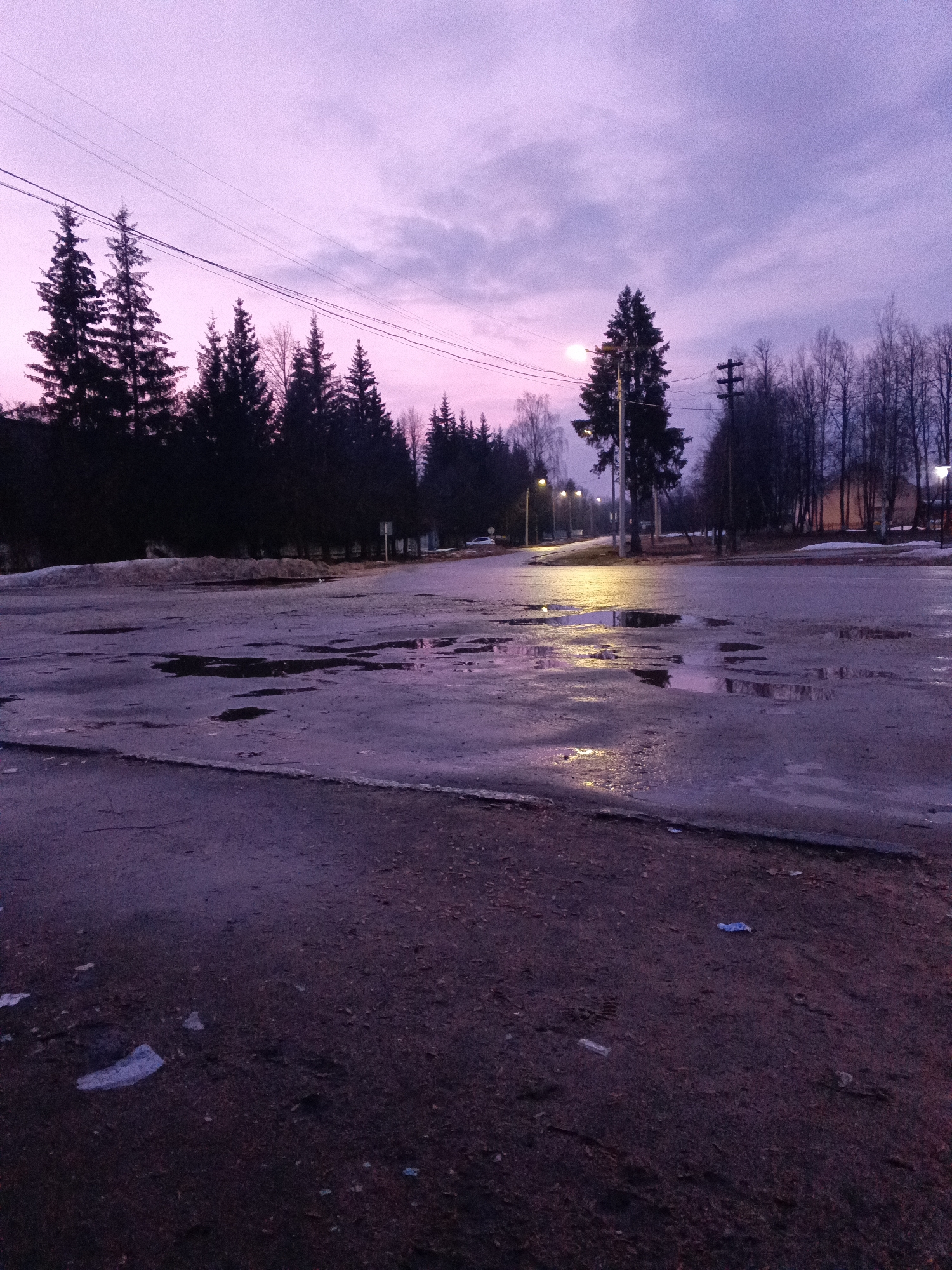 The image depicts a street scene in Красный Маяк, Russia, under a purple-tinged twilight sky. The foreground features a dark, cracked asphalt surface with scattered debris and puddles reflecting the ambient light. The road is wet, possibly from melted snow or recent rain.
Across the road, there is a slightly elevated area with residual snow. A row of coniferous trees is visible on the left side of the image, silhouetted against the sky. Streetlights illuminate the road and the surrounding area, casting reflections on the wet surfaces.
In the background, there are additional trees, utility poles, and buildings, suggesting a residential or semi-urban environment. The sky is a mix of purple and grey hues, indicating either sunset or sunrise. There are no people or animals visible in the scene. The overall atmosphere is somber and muted.