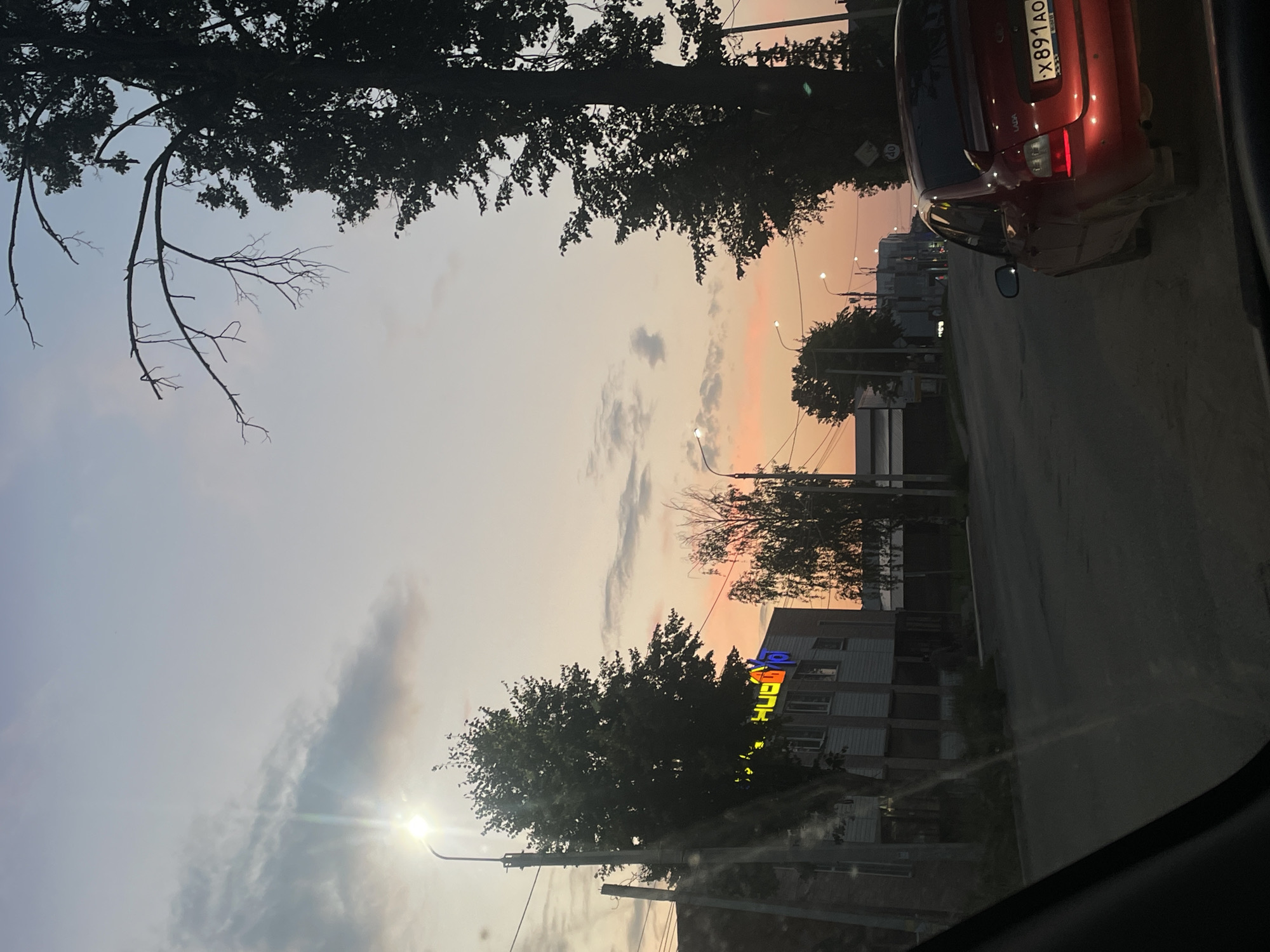 The image captures a street scene in Votkinsk, Russia, during twilight. A red Lada car, license plate X891AO, is parked on the right side of the asphalt road, facing away from the viewer. The sky displays a gradient of pale blue to pink and orange hues, with wispy clouds. Silhouetted trees with sparse branches are visible against the sky, particularly a large, dark tree on the right. On the left side of the road, a building with illuminated signage in yellow, blue, and red letters that appear to spell "HUBYO" is present, accompanied by a street lamp. Several other street lamps are visible along the road. The foreground shows a portion of a car's interior, suggesting the photo was taken from a vehicle.