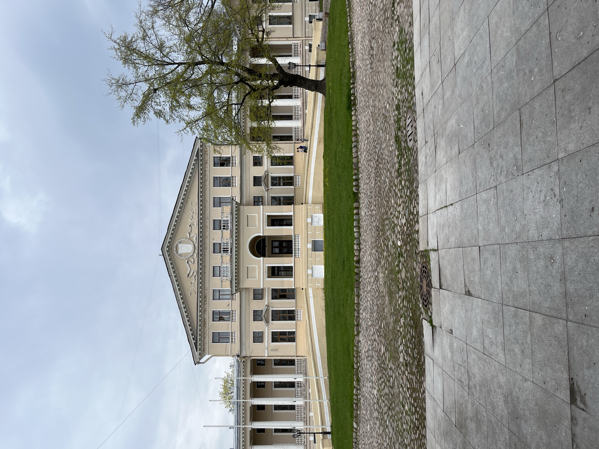 The image shows a large, symmetrical, beige building with classical architectural elements, including columns, a triangular pediment, and decorative trim. The building is located in Saint Petersburg, Russia. A large tree stands in front of the building. A green lawn separates the building from a stone-paved walkway. A cobblestone path runs parallel to the walkway. The sky is overcast. No people are clearly visible in the foreground.