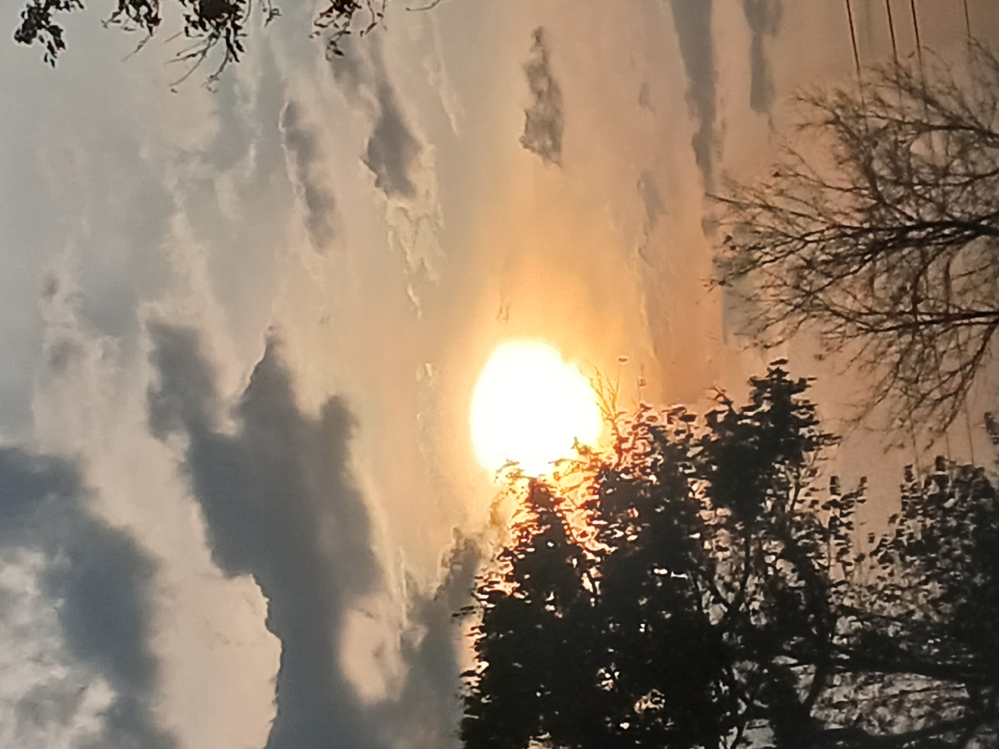 The image shows a landscape scene at dusk or dawn, possibly in Orupe, Venezuela. A bright sun is partially obscured by clouds. Silhouetted trees are present in the foreground. Power lines are visible in the upper right. The sky is filled with clouds.