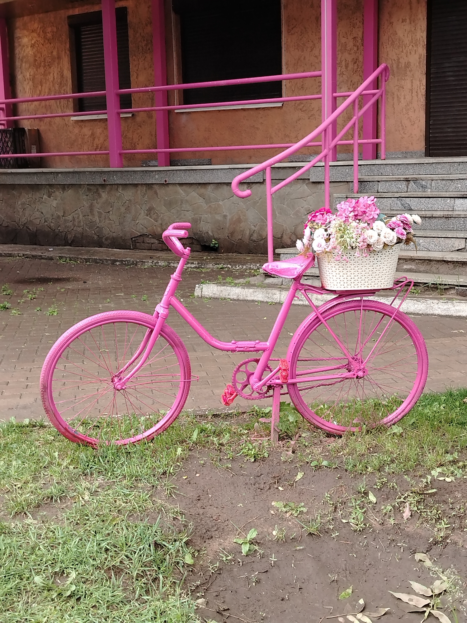 This vertical shot captures a brightly themed outdoor scene in Izhevsk, Russia, likely on an overcast day. The focal point is a vintage-style bicycle, entirely painted in a vivid pink, standing upright on a patch of grass and dirt. A white, woven basket filled with an abundance of artificial flowers—predominantly pink hydrangeas and white roses—is affixed to the bicycle's rear rack.
In the background, a building with an earthy, reddish-brown textured facade features a striking pink railing, mirroring the bicycle's color, which runs along a porch or balcony area and descends alongside grey stone steps. Two dark, closed roller shutters cover windows or doorways on the building. The ground transitions from a paved pathway (possibly cobblestone or brick) directly behind the bicycle to a mix of sparse green grass and muddy sections in the foreground, interspersed with small weeds. The vibrant pink elements of the bicycle and railing create a whimsical and inviting aesthetic. There is no visible text in the image.