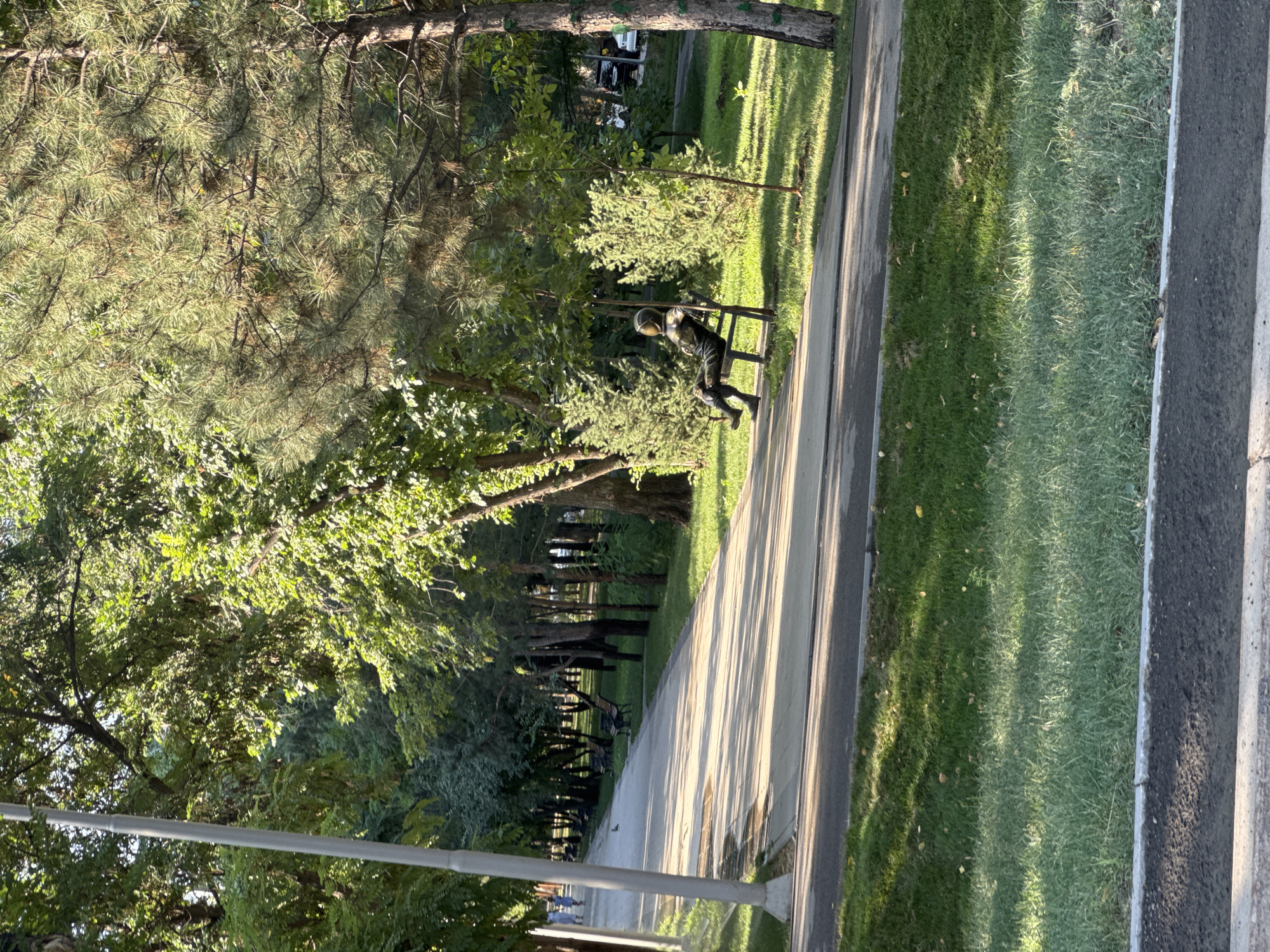 The image depicts a park scene in Almaty, Kazakhstan, with a paved walkway and grassy areas. A person is seated on a bench in the middle ground, wearing a dark outfit and a helmet, facing away from the camera. The person appears to be a statue or mannequin, due to its rigid posture and reflective surface. Trees with green foliage line the walkway and surround the bench. The sun casts shadows across the scene. In the background, cars are visible, suggesting proximity to a road or parking area. Other park benches are visible further down the walkway. Two individuals in light-colored clothing are walking away from the camera on the walkway in the distance. A lamppost stands on the left side of the frame, near the foreground. The environment appears to be a well-maintained public park.