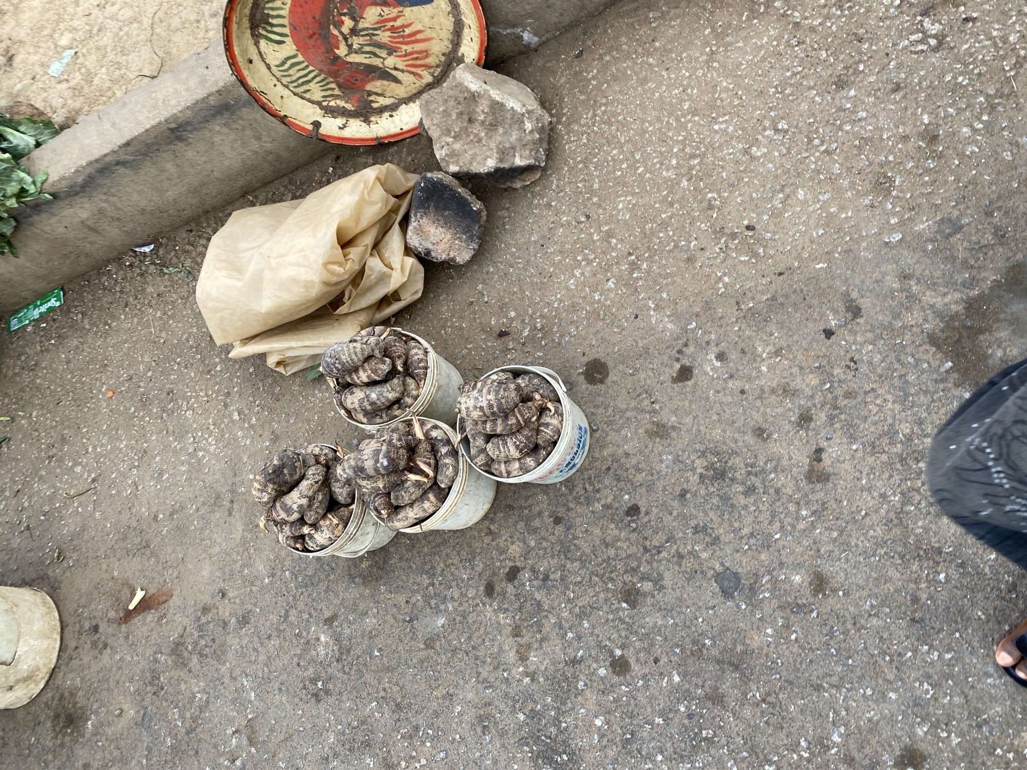 An overhead view captures a segment of an outdoor market in Bukuru, Nigeria, featuring various items displayed on a rough, light grey concrete or asphalt surface. Five white plastic buckets, potentially repurposed from industrial use (one shows faint blue text possibly reading "EMULSION"), are filled with dark, irregularly shaped tubers or root vegetables.
To the left of the buckets, a crumpled light brown paper bag lies on the ground. Nearby are two stones: one larger, light grey, and another smaller, dark grey/black with a lighter section. Above these, a round, shallow, rusty metal tray is visible, painted with faded red and yellow patterns depicting a stylized bird, possibly a rooster. Further left, a concrete curb runs along the edge, with green leafy vegetables and a partially visible green and white "Sprite" wrapper on the ground beside it. A white, shallow, round object, possibly a bucket lid or bowl, is in the bottom-left corner.
The scene is illuminated by bright daylight, suggesting dry weather. In the bottom-right corner, the right foot of a person, wearing a dark sandal, is visible, indicating someone standing adjacent to the stall, likely a vendor or customer. The overall arrangement suggests a simple, informal setting for selling produce.