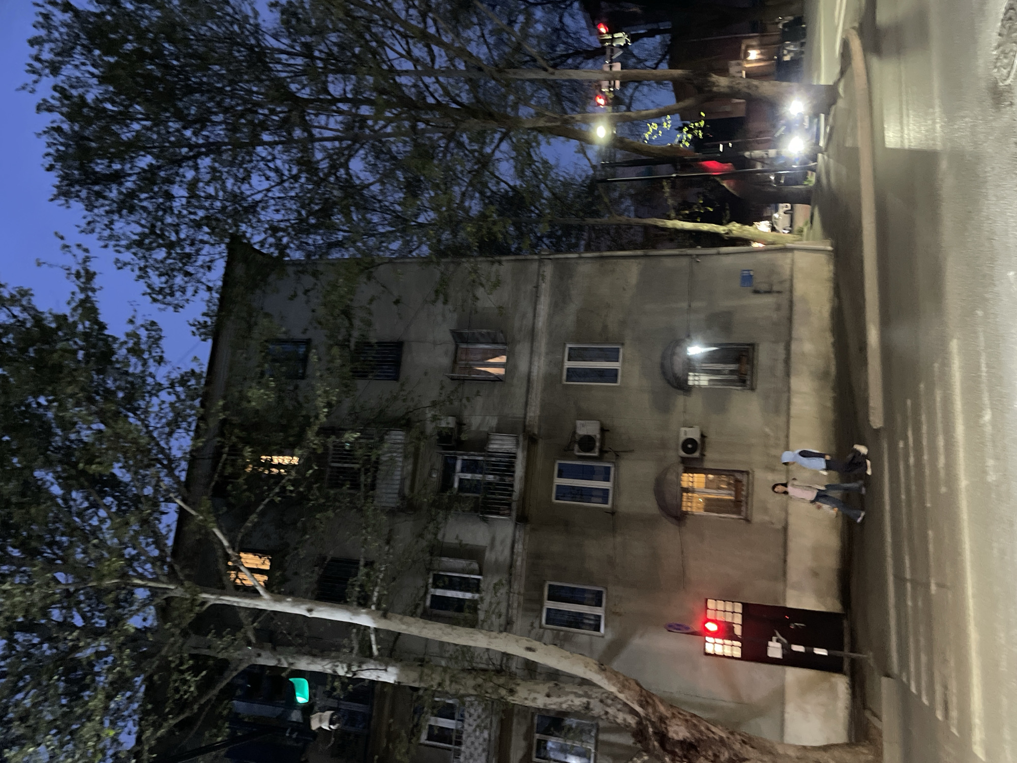 The image depicts a multi-story residential building in Tbilisi, Georgia, at dusk or night. The building has a weathered facade and an assortment of windows, some with air conditioning units. Bare trees flank the building. Two individuals are seen crossing the street in front of the building. A traffic light displays a red signal. The street appears wet.