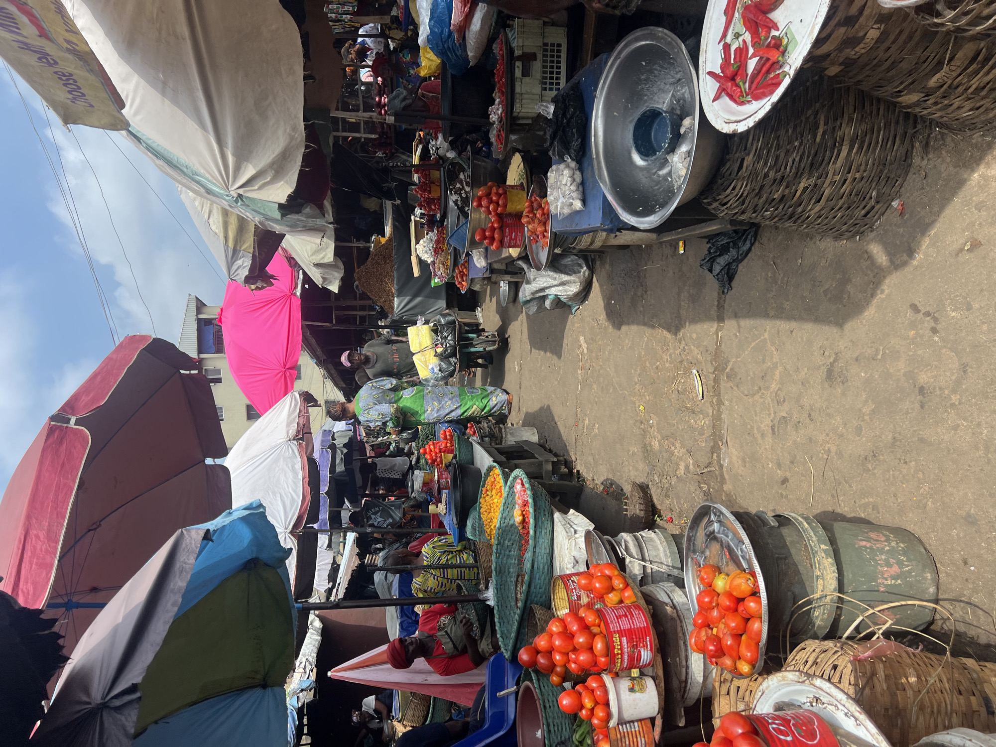 The image depicts a bustling marketplace in Nkpor, Nigeria, likely an open-air market with vendors selling produce. In the foreground, several stalls are visible, laden with various fruits and vegetables, primarily tomatoes and chili peppers, displayed in baskets, tins, and large metal bowls. One vendor, a woman wearing a red headscarf and apron, is seated at a stall, interacting with another person. A woman in a green and blue patterned dress stands behind a stall further down the aisle, also appearing to be a vendor.
The market is covered by a variety of colorful umbrellas, including pink, red, and pale green ones, providing shade. In the background, more stalls and people are visible, along with buildings and power lines overhead, indicating an urban setting. The ground is unpaved, showing signs of wear and tear, characteristic of a busy outdoor market. A man is seen pushing a cart filled with plastic bags, suggesting ongoing commerce and movement within the market. The overall scene captures the vibrant atmosphere and daily commerce of a Nigerian market.