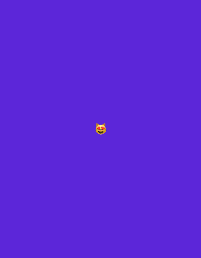 The image displays a uniform, solid medium-purple background. Centrally positioned within this monochromatic field is a single digital emoji, rendered as a stylized yellow-orange cat face. The cat emoji features two prominent red heart-shaped eyes and a wide, smiling mouth, conveying an expression of love or adoration. There are no discernible people, additional subjects, objects, actions, interactions, or specific environmental details beyond the plain background within the depicted scene.