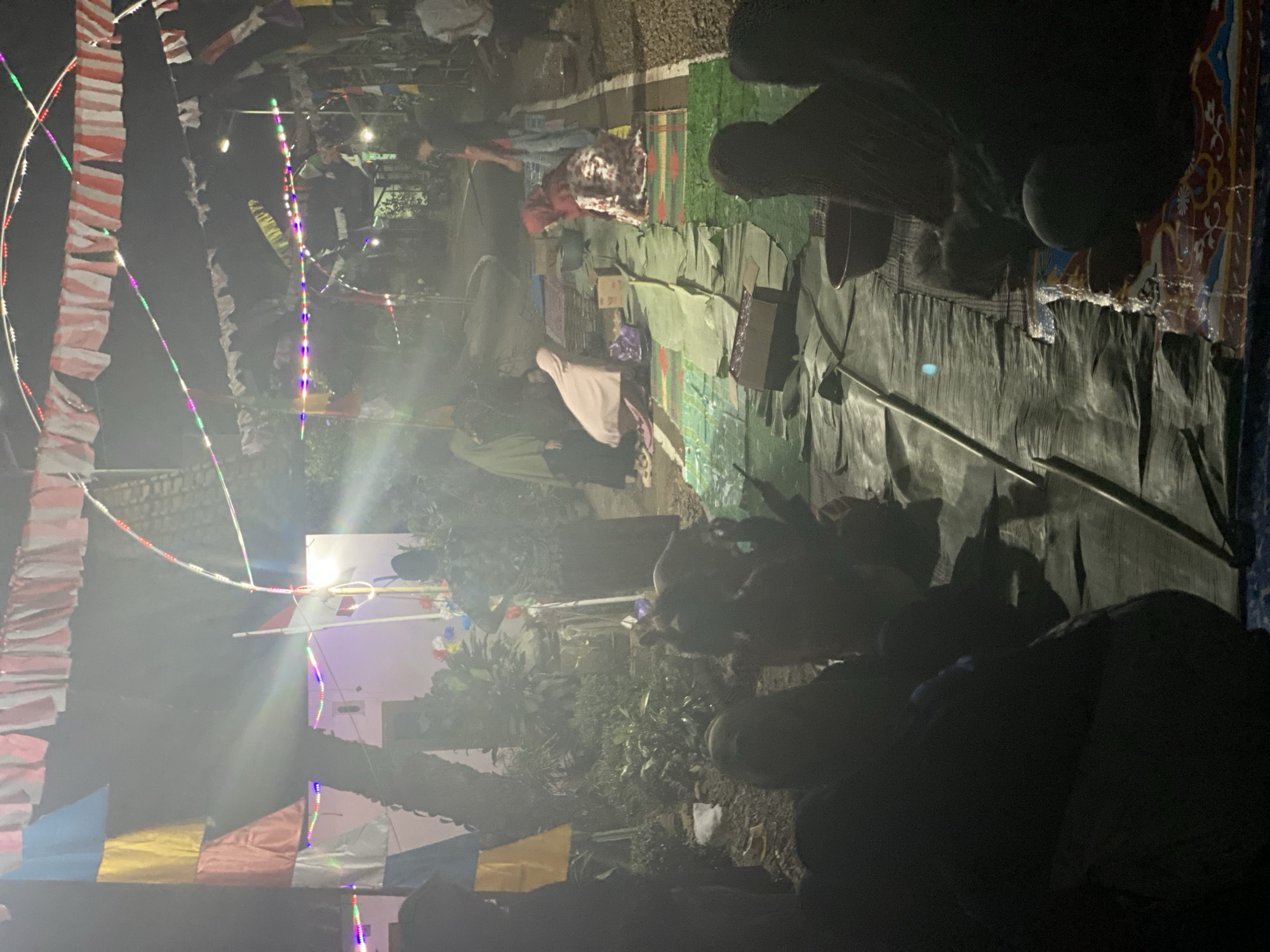 In Gumelar Kidul, Indonesia, a nighttime gathering takes place outdoors, likely a communal event or celebration. The scene is illuminated by decorative string lights and a bright spotlight, casting a hazy glow. Rows of Indonesian flags and colorful pennants are strung overhead, adding a festive atmosphere.
Several people are present, mostly silhouetted against the light. In the foreground, a group of individuals are seated on mats laid out on the ground, facing away from the camera. Some are wearing headscarves. In the middle ground, more people are gathered, some sitting and others standing. A person in a dark patterned garment stands with their hands on their hips, appearing to observe the scene. Further back, a few individuals are walking along a path.
The ground is covered with various mats and tarpaulins, suggesting a temporary setup for dining or socializing. Objects such as a pot, a box, and a basin are visible among the seated individuals, indicating food preparation or communal eating. The environment appears to be a street or an open area, possibly a village road, with trees and foliage visible in the background. The overall impression is of a lively, informal community event occurring after dark.