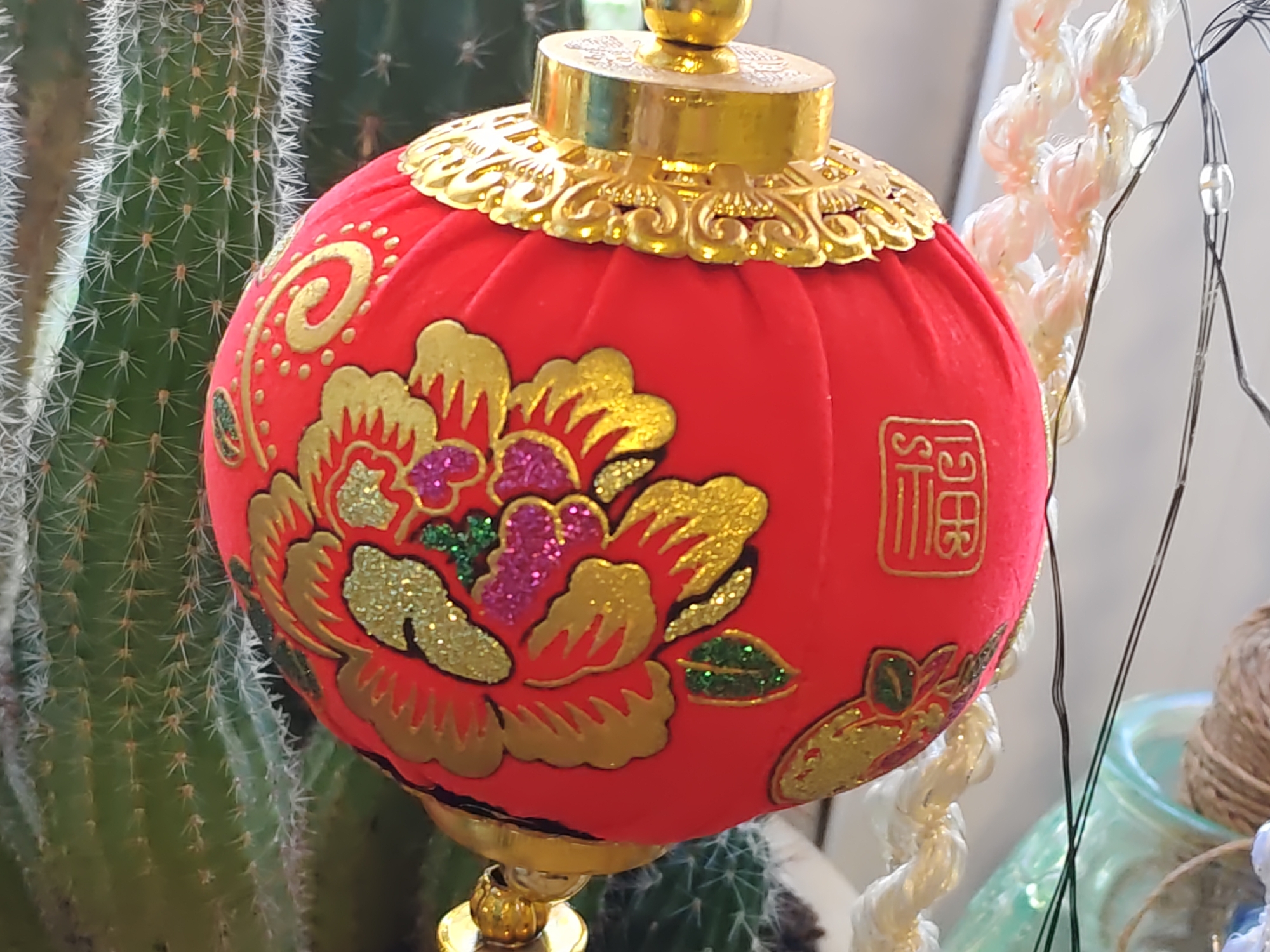 A red, round lantern with gold Chinese characters and floral patterns is displayed in front of a cactus. The lantern has a gold top with intricate scrollwork. To the right of the lantern, a pale pink, twisted cord hangs, with thin black wires and a glass jar in the background. The scene is indoors, likely a home or shop, with no specific indicators of Rostov-on-Don, Russia.