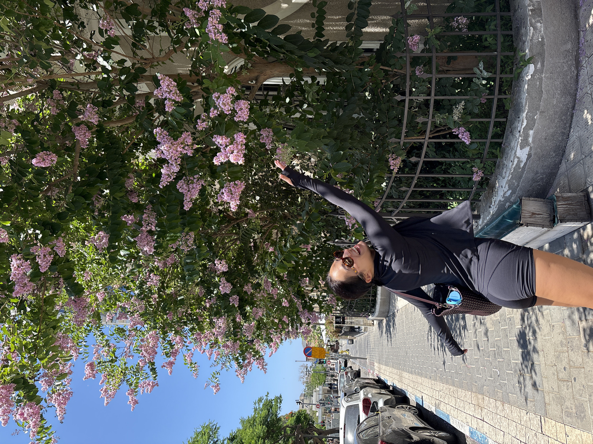 A woman is standing on a sidewalk in Tel Aviv, Israel, reaching up towards a tree with pink flowers. She is wearing a black long-sleeved top and black shorts. A brown bag is slung over her shoulder. The sidewalk is paved with gray and white tiles and is lined with parked cars. In the background, there are buildings and trees. The sky is blue and clear.