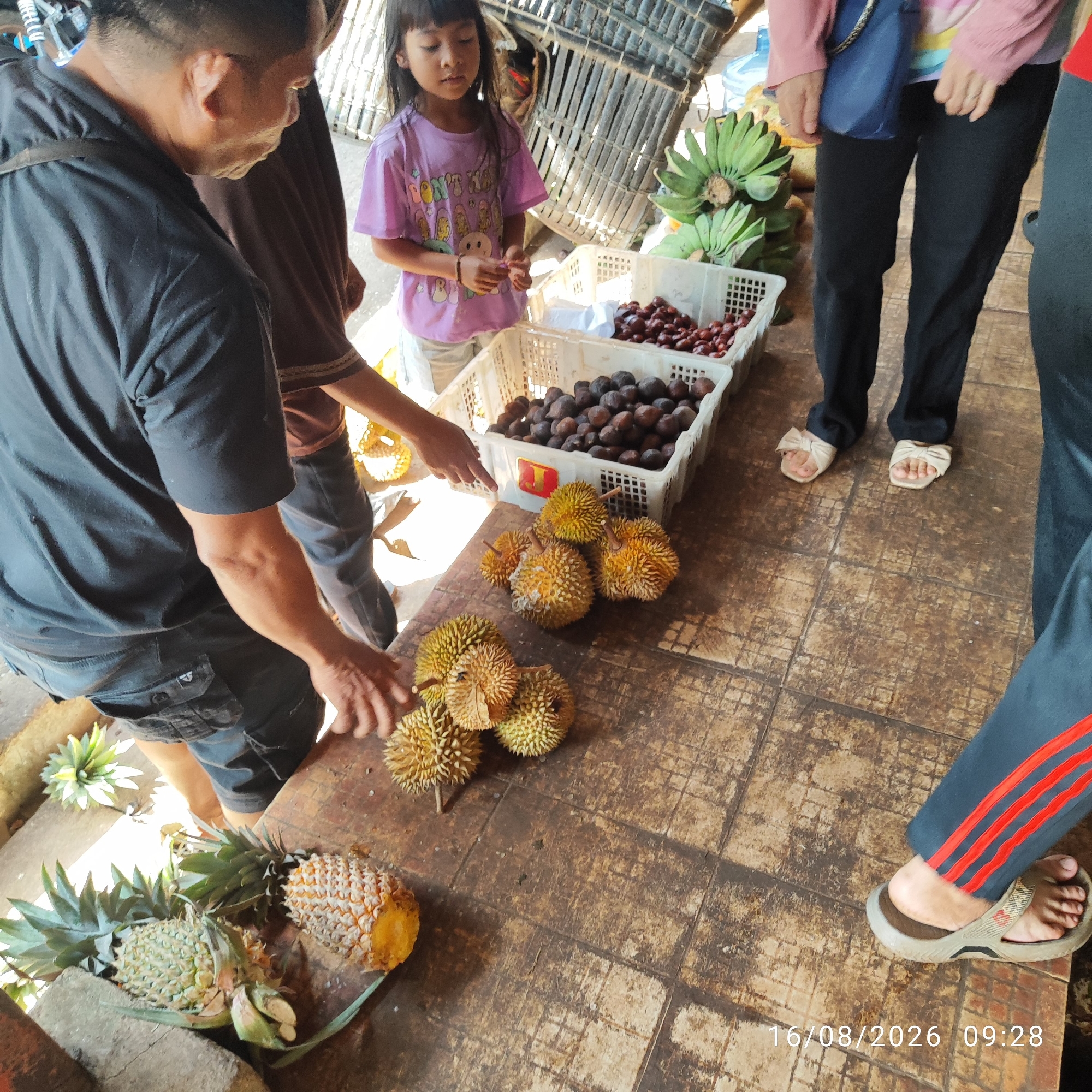 The image depicts a market scene in Pembaharuan, Indonesia. In the foreground, several spiky fruits, likely durians, are arranged on a wooden table. To the left, a man in a black t-shirt and shorts is partially visible, seemingly interacting with the fruit. Further to the left, pineapples are also present. In the background, a young girl in a purple t-shirt stands near a basket of dark, round fruits. Another basket of similar fruits is also visible. To the right, a person's legs are seen wearing black pants with red stripes and sandals. The environment appears to be an outdoor market with natural lighting.