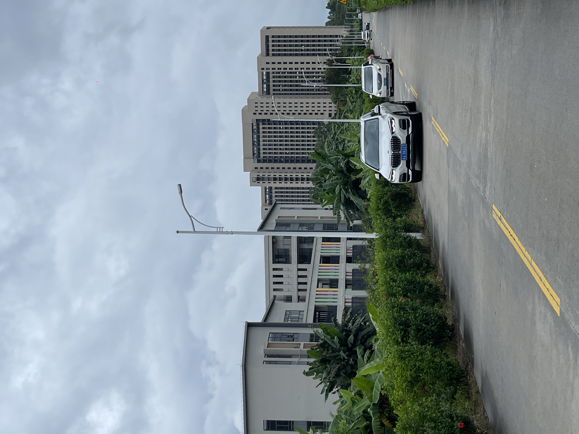 This is an eye-level, medium shot of a road in Panyu District, China. The road is paved with asphalt and marked with yellow lines. There are several vehicles on the road, including a white SUV in the foreground, a white sedan behind it, and two other cars further in the distance. The road is lined with lush green bushes and trees. In the background, there are several tall, modern apartment buildings under a cloudy sky. The buildings appear to be made of concrete and have many windows. A street light is visible on the right side of the road. The overall scene suggests a suburban or semi-urban environment.